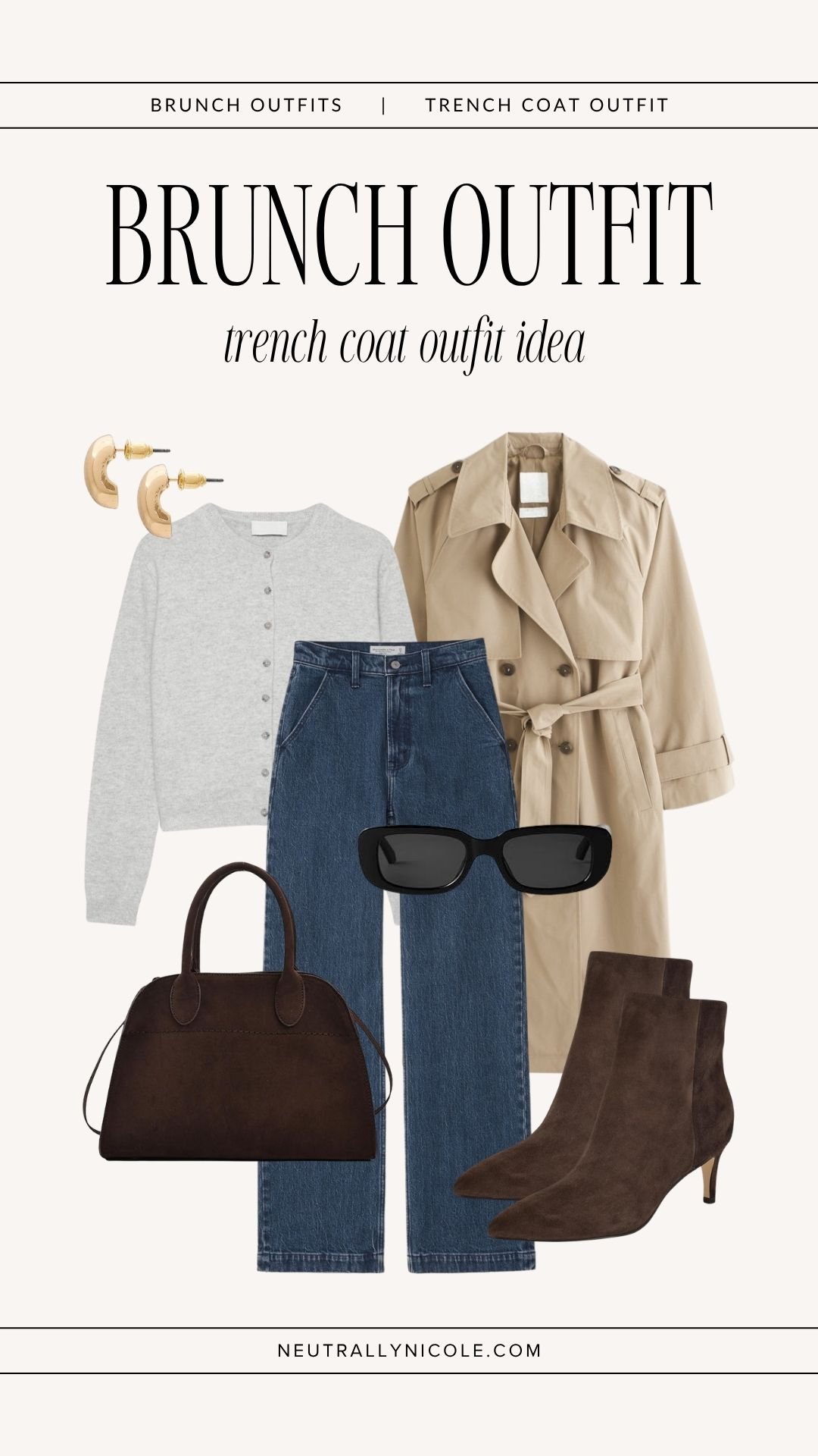Brunch trench coat outfit with a beige trench coat, grey cardigan, dark wash jeans, brown ankle boots, brown handbag, gold earrings, and sunglasses.