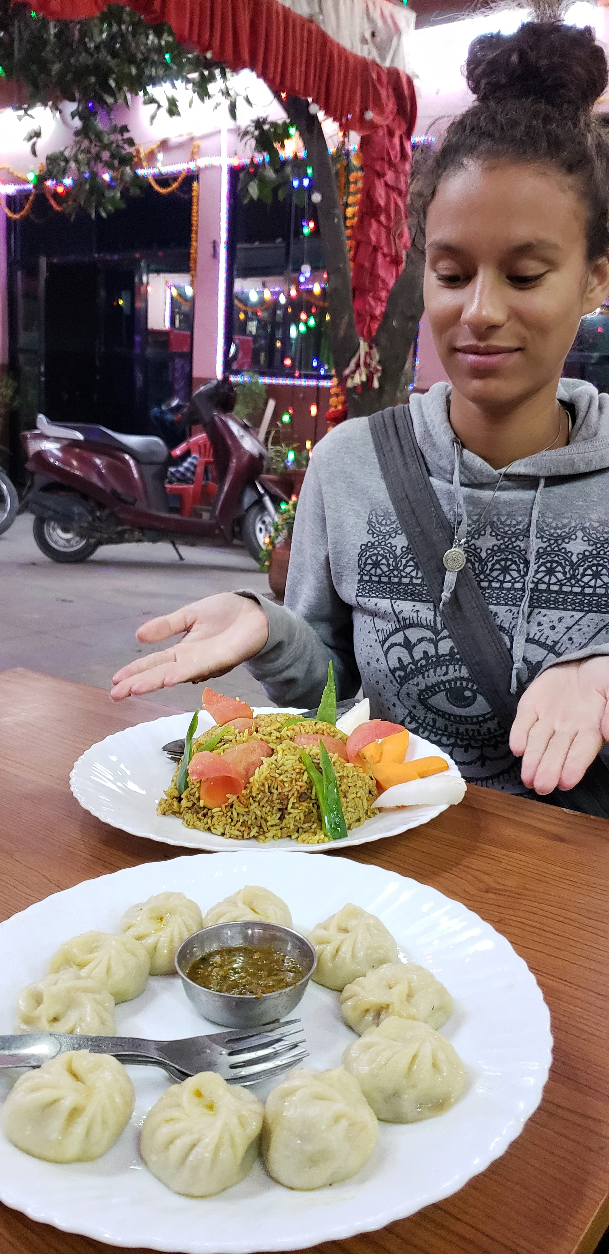 Vegetable Momo and Chicken Biryani.