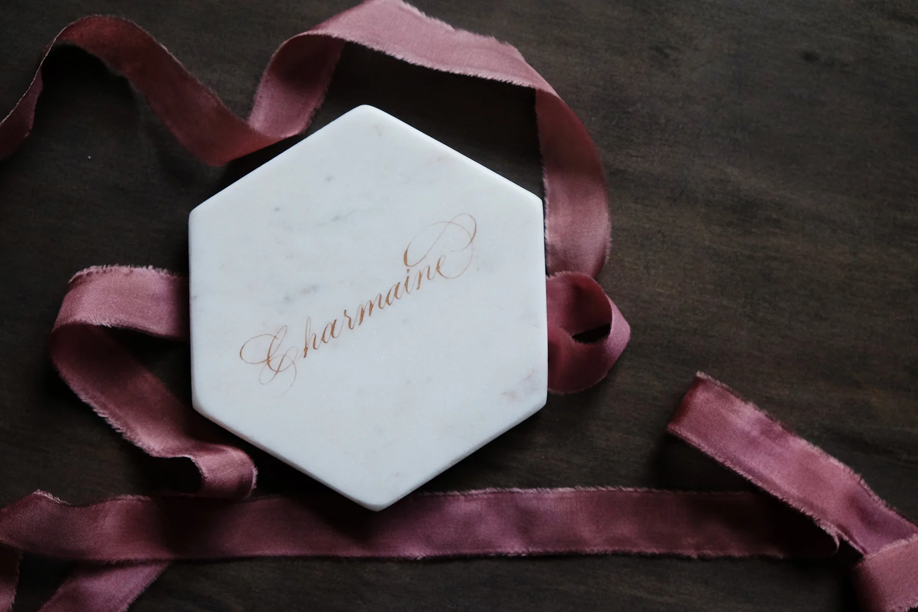 Rose gold classic flourished copperplate on marble coaster