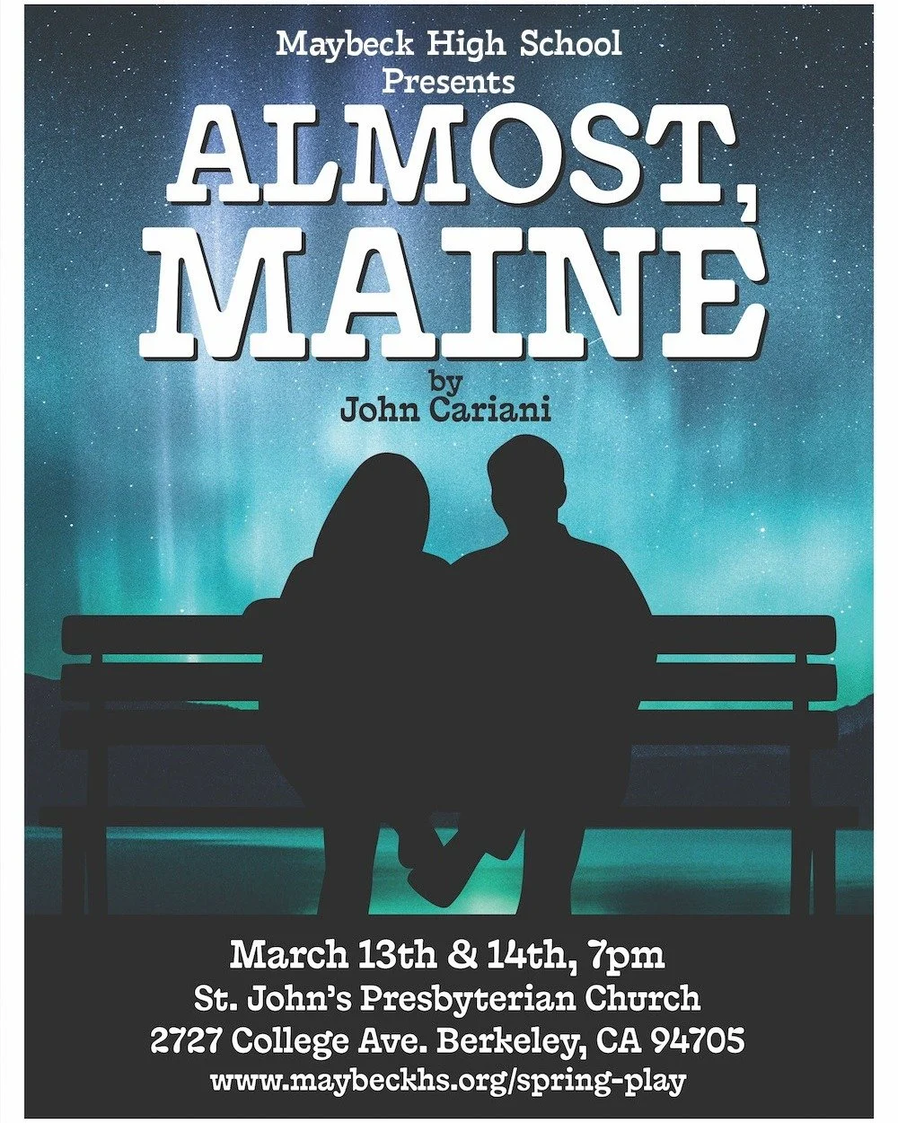 Maybeck High School Theatre presents Almost, Maine by John Cariani. 

This play is comprised of nine interconnected vignettes that explore love and loss in a remote, mythical almost-town called Almost, Maine. 

Performances will be this Friday and Sa