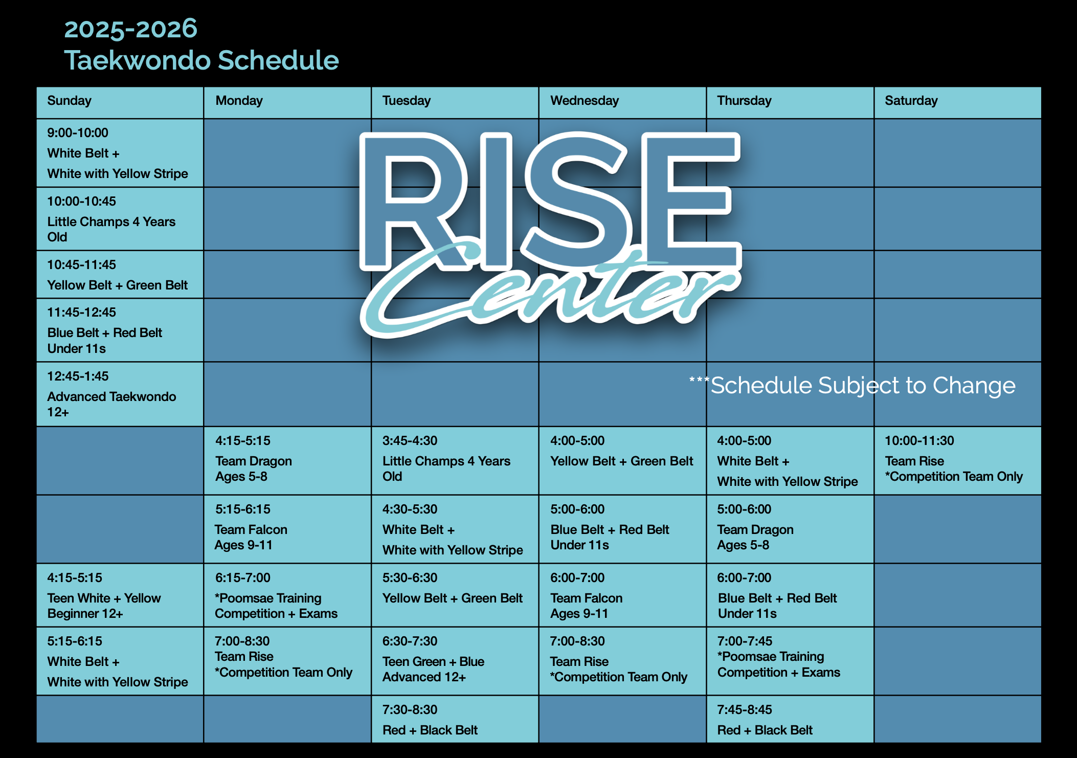 2025-2026 Taekwondo schedule with classes listed by time and age groups, featuring Blue Belt, Yellow Belt, Green Belt, Red Belt, Black Belt, and competition teams.
