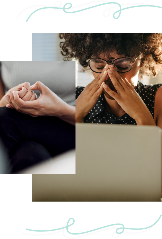 A woman with curly hair and glasses appears distressed, sitting at a computer with her hands covering her face. Next to her, another person is holding a hand in a gentle clasp, suggesting comfort or support.