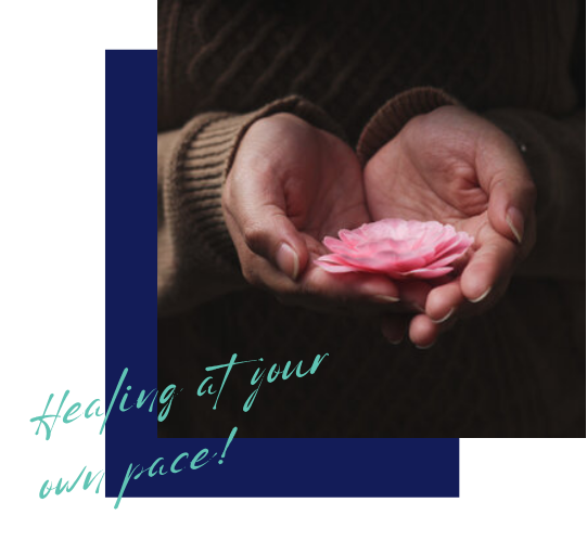 A person holding pink flower petals in cupped hands with a brown sweater, with text overlay that says 'Living at your pace!'