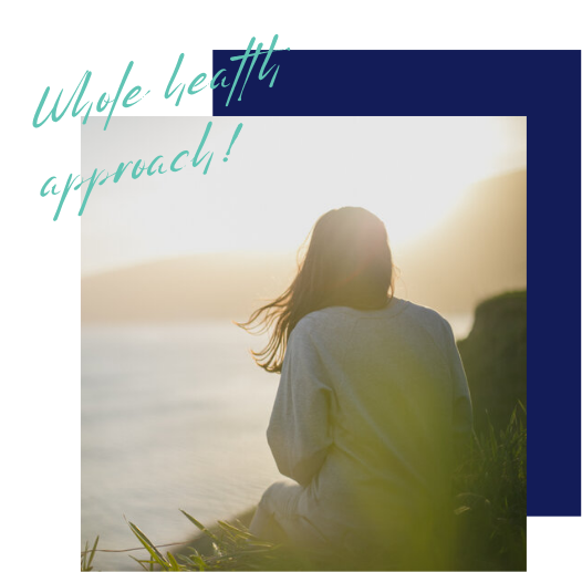 A woman sitting outdoors near water at sunset, facing away from the camera, with text reading "the faith approach!" overlaying the image.