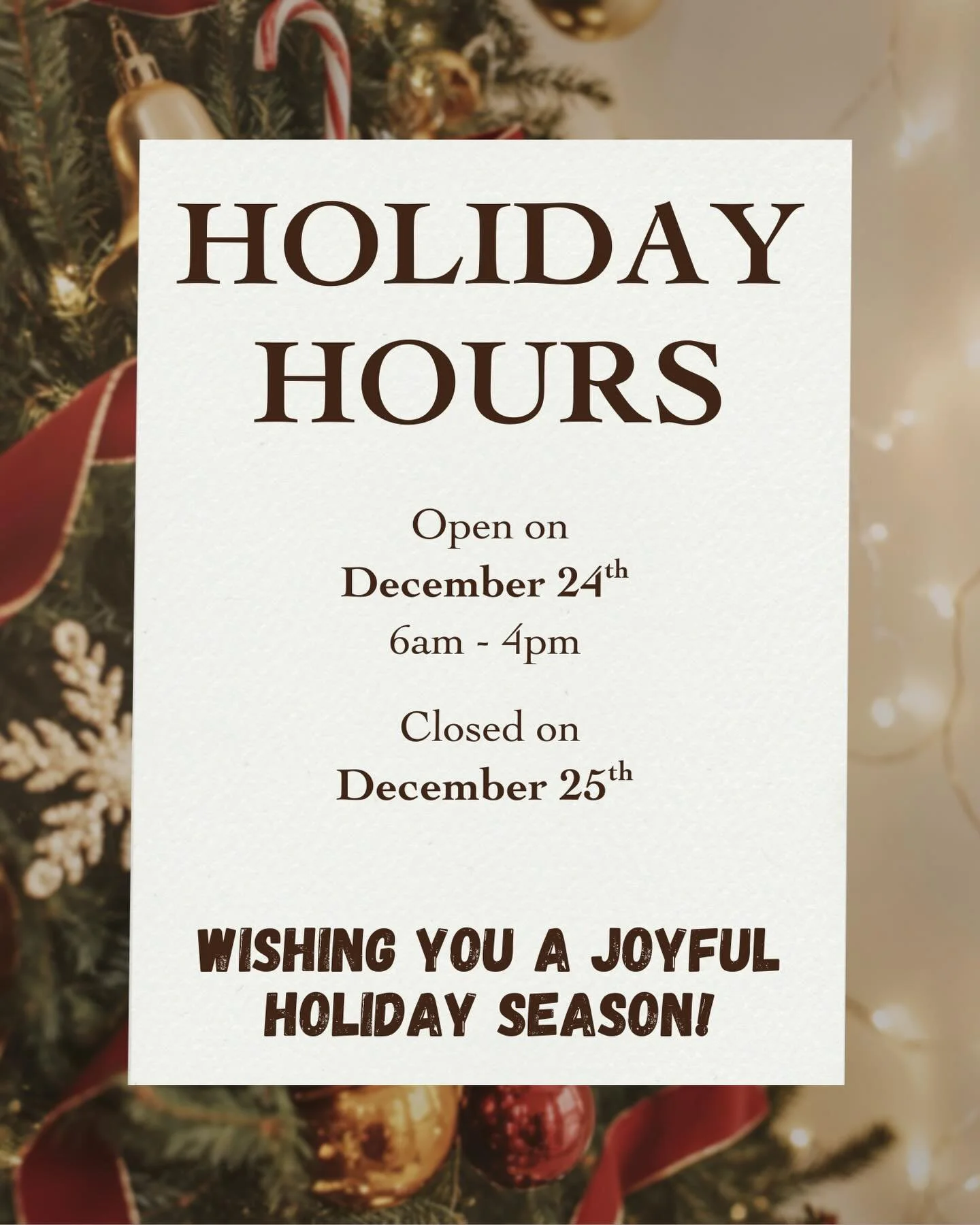 Our shops will be closed on Christmas Day so our team can enjoy the holiday with loved ones. 🎄💛
We&rsquo;ll be back the following day, ready to serve your favorites.
Wishing you a warm and joyful holiday!