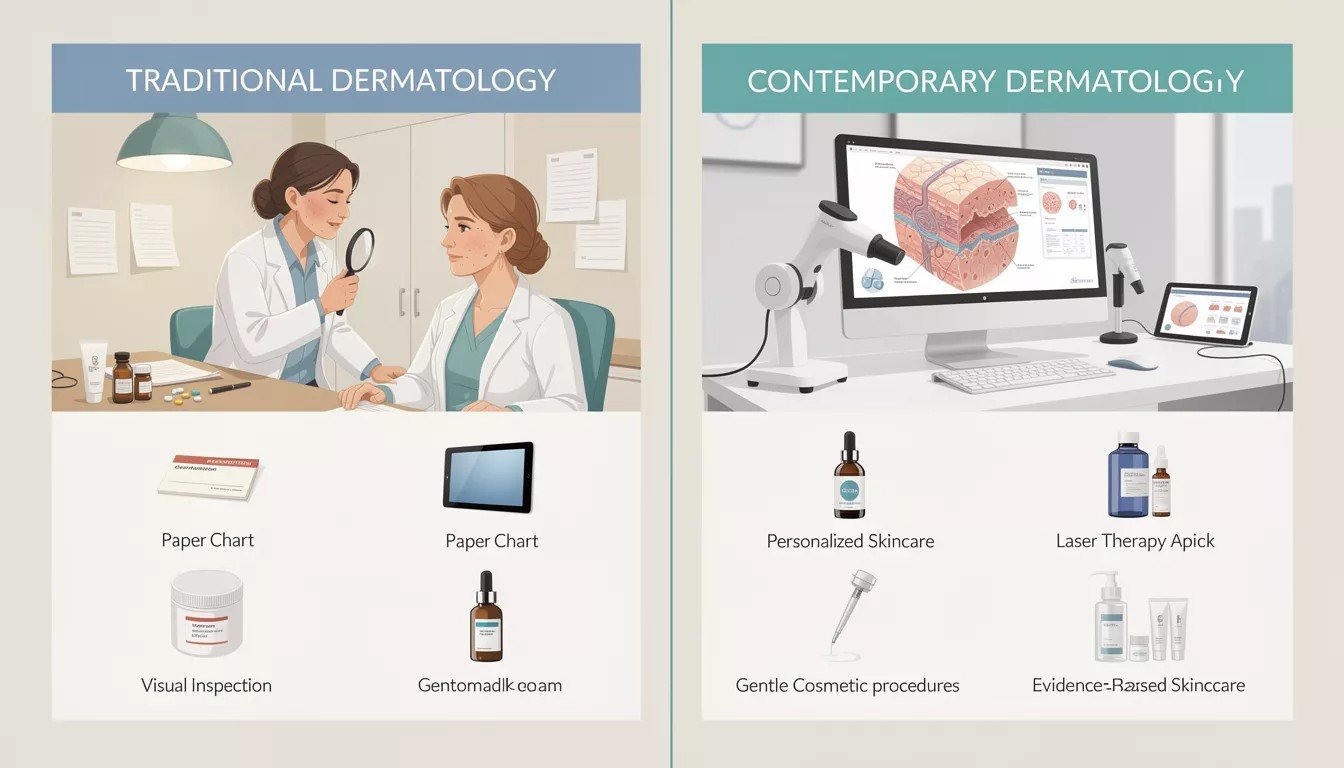 Evolution of dermatology care from traditional disease-focused approach to contemporary holistic methods at Advanced Dermatology & Aesthetic Medicine in Chicago