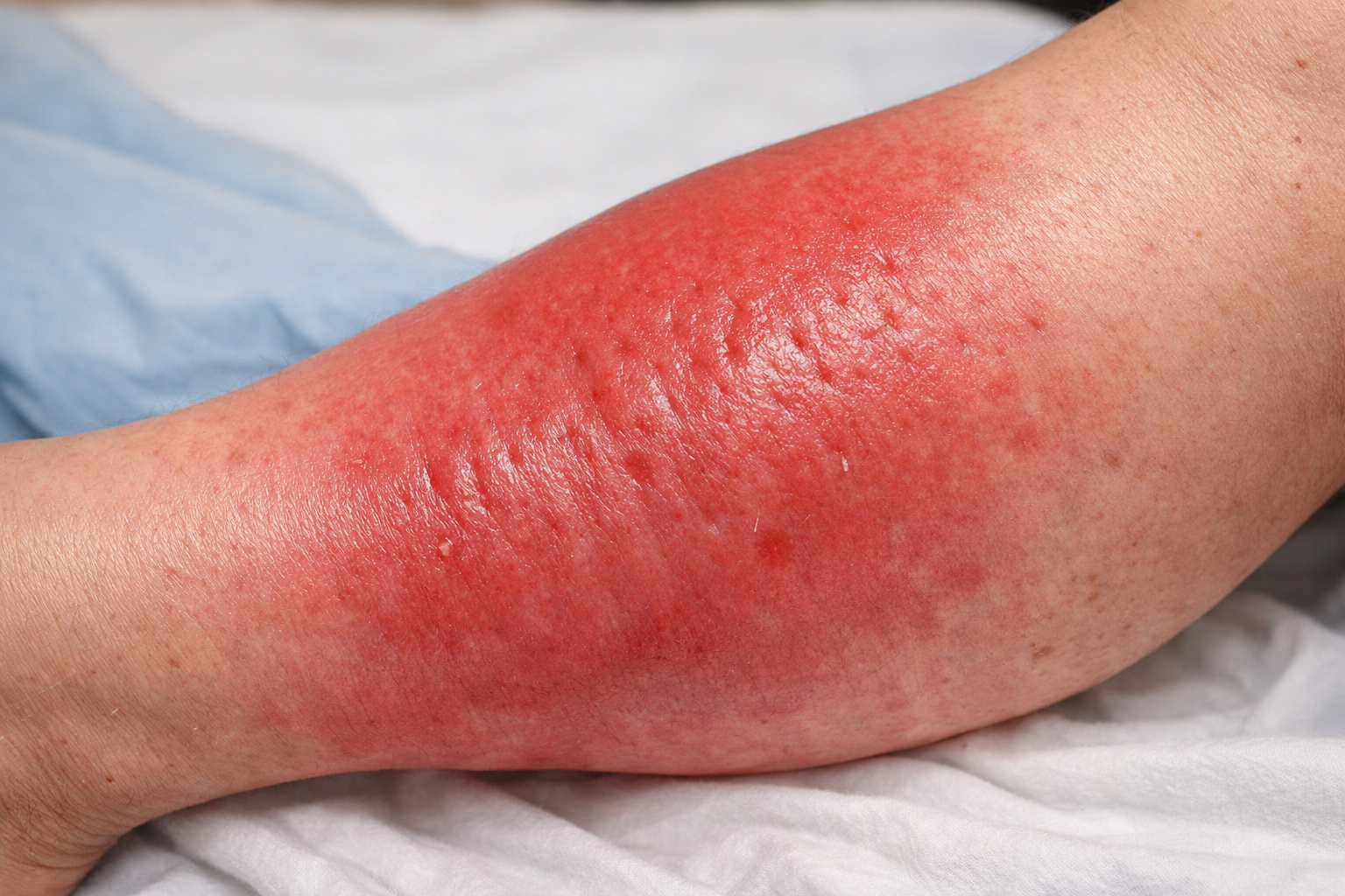 Leg showing characteristic cellulitis symptoms with redness, swelling, and skin dimpling that requires prompt treatment by a dermatologist