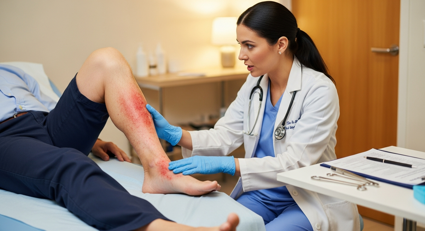 Board-certified dermatologist at Advanced Dermatology Chicago examining cellulitis on a patient's leg while discussing antibiotic treatment options