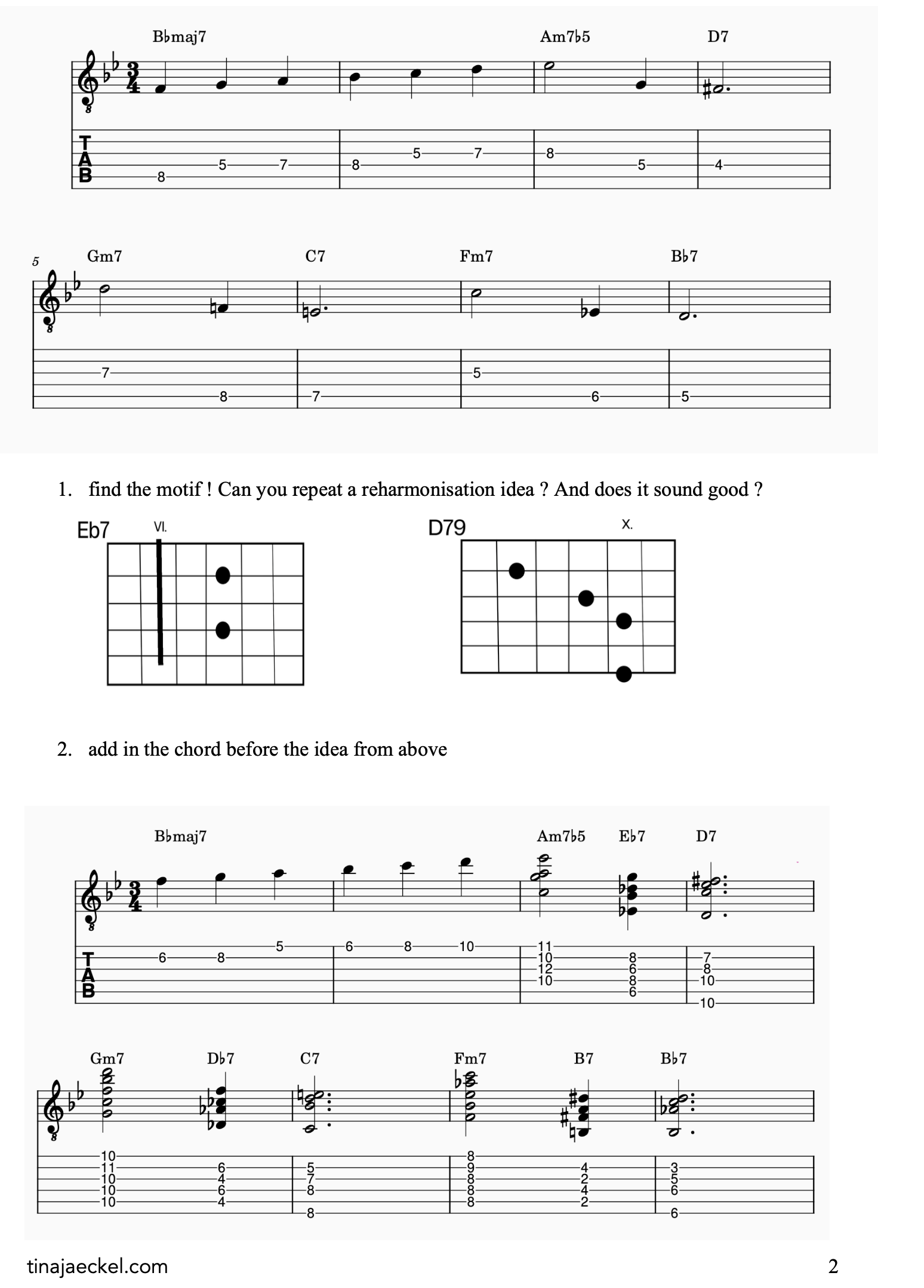 Music sheet with chords and tabs, including Bbm7, Am7b5, D7, Gm7, C7, Fm7, Bb7, Eb7, D79, Gm7, D7, Db7, Fm7, B7, B7, Gm7, D7, C7, Fm7, B7, Bb7, with instructional text and chord diagrams.