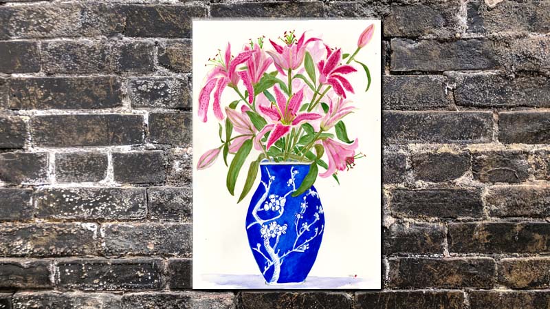 Pink Lillies in Blue Vase brick.jpg