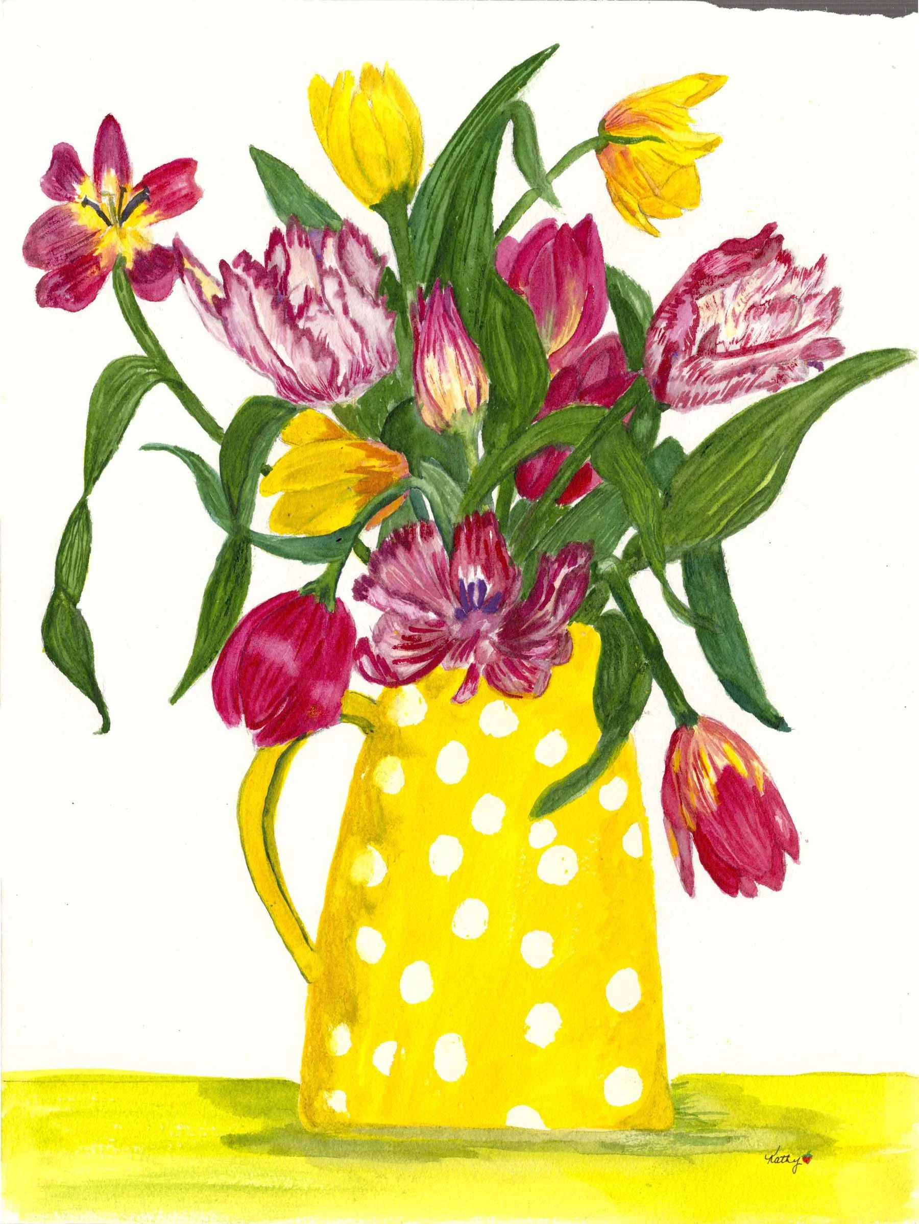Tulips in yellow polkadot pitcher.jpg