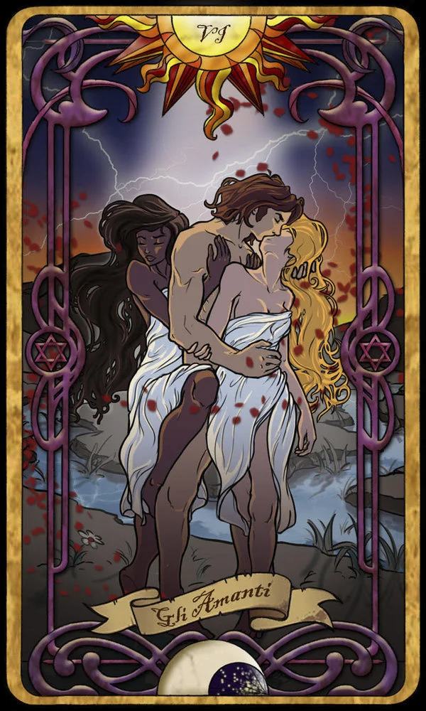 Often The Lovers card depicts 2 people embraced, this card was inspiration for featuring 3 people