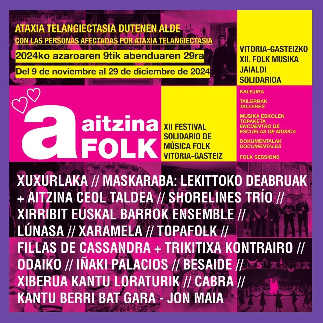 El espectáculo ‘Kantu berri bat gara’ de Jon Maia, los irlandeses Lúnasa y las gallegas Fillas de Cassandra forman parte del cartel de la XII edición del Festival Solidario Aintzina Folk 