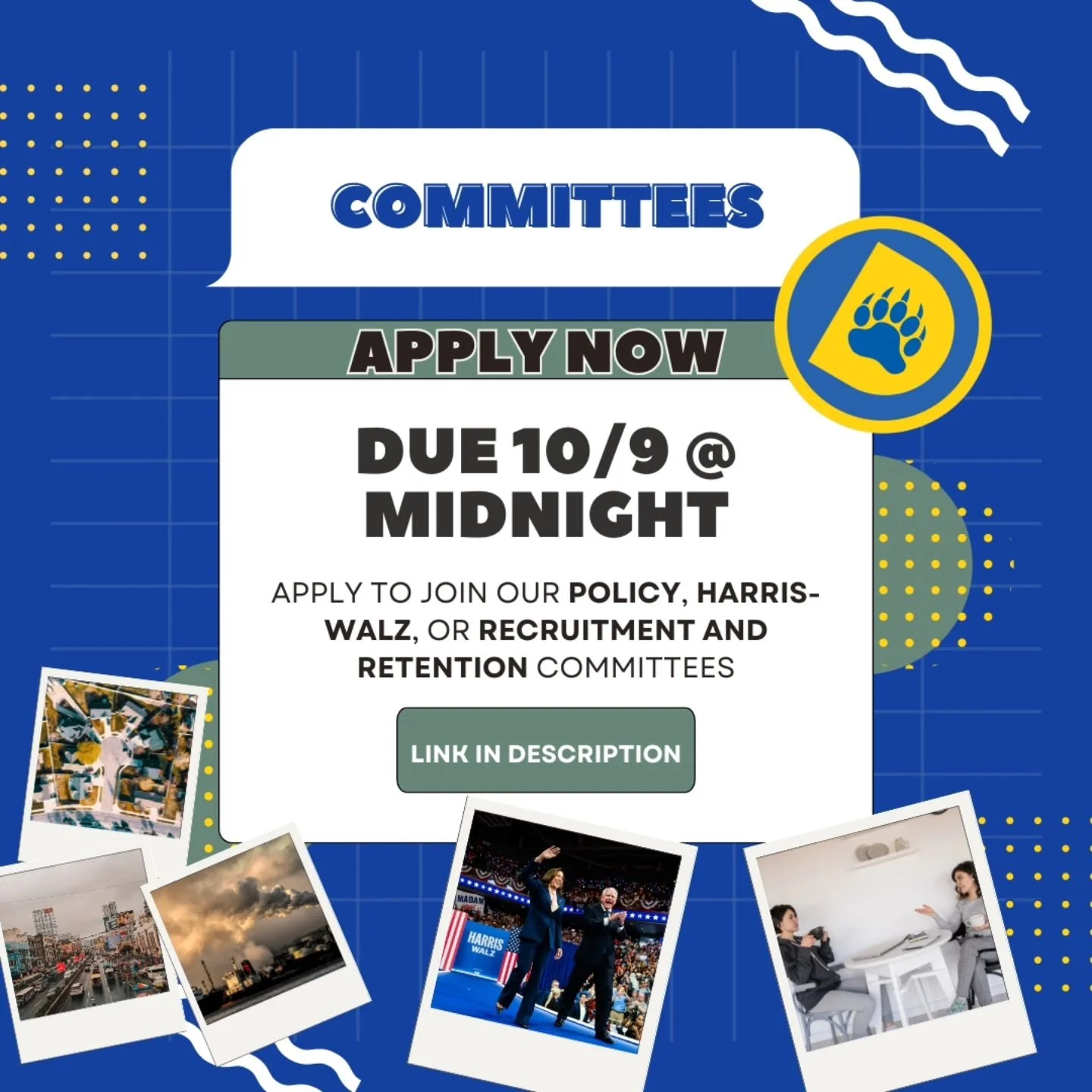 Sign up for Bruin Democrats Committees! If you have any questions, talk to Board members during the meeting on Wednesday. 
Committee meetings will run for an extra half hour after general meetings (around 7-7:30).
Applications are due this Wednesday,