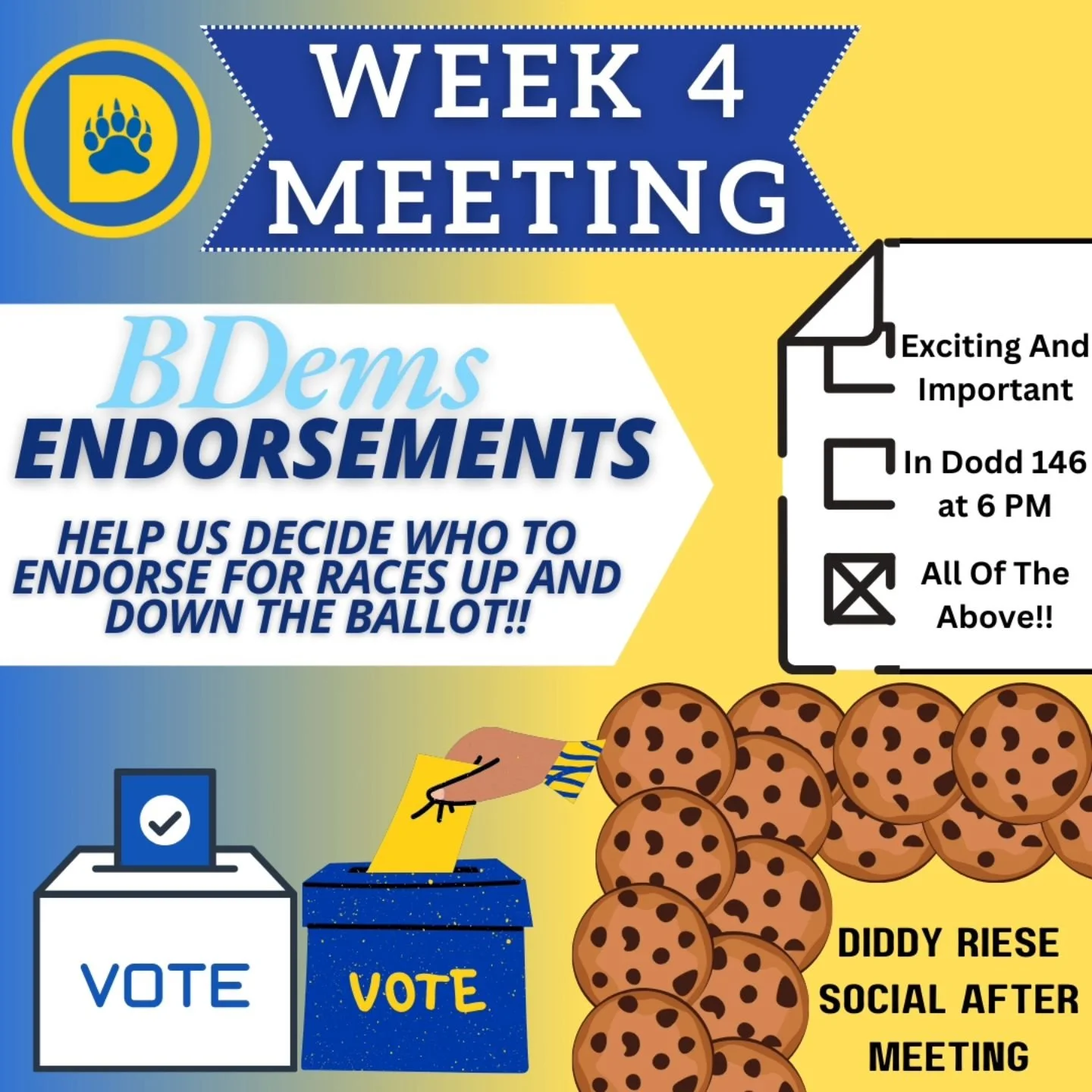 Tonight in Dodd 146, we will be voting on various races to decide which candidate our club will endorse! Any outside research you do would be more than welcome! After meeting, join us as we walk to Diddy Riese in Westwood for some sweets and socializ