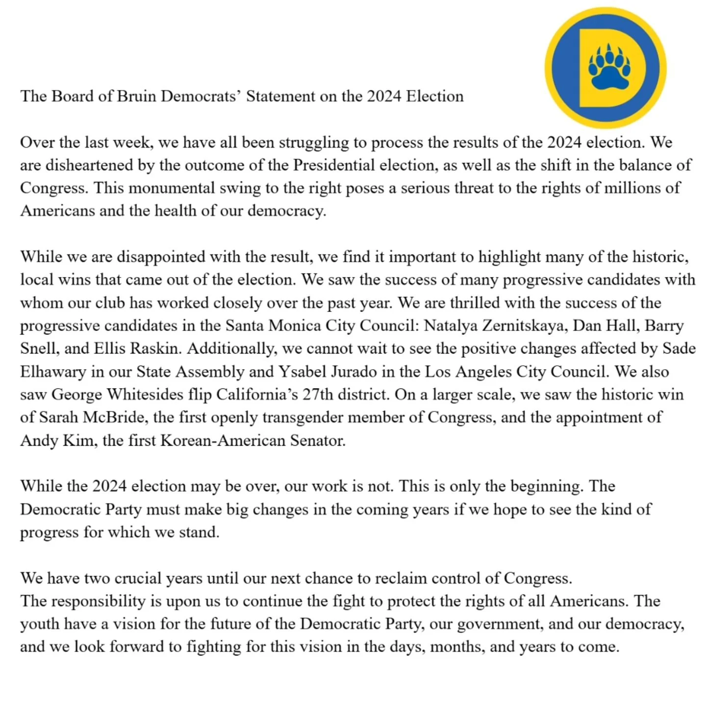 Bruin Democrats Executive Board's Statement on the 2024 Election