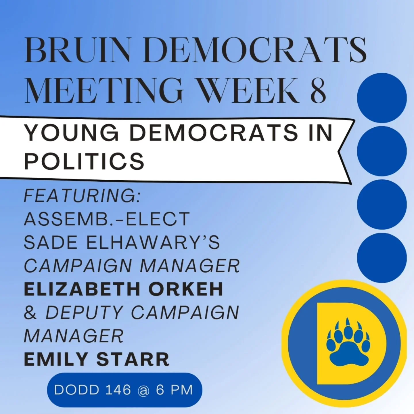 Join us tonight at 6 PM for a discussion of the role to be played by young Democrats in political campaigns and beyond. We have the pleasure of being joined by Elizabeth Orkeh and Emily Starr, two young Democrats who we can thank for leading the succ