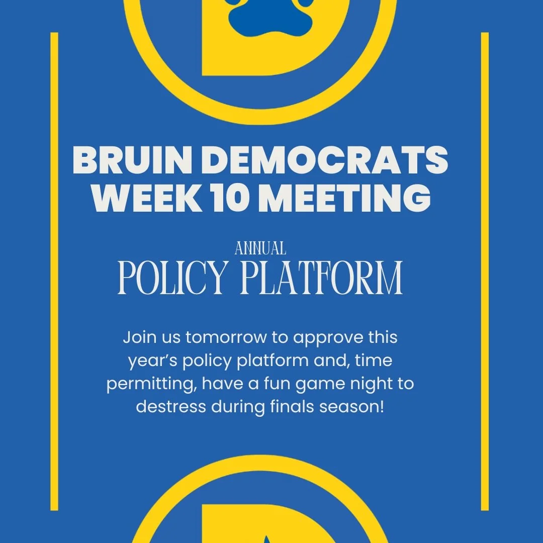 Join us tomorrow to approve this year's policy platform and destress during midterm season! Same time, same place as usual: Dodd 146, Wednesday 12/3, 6-7pm!