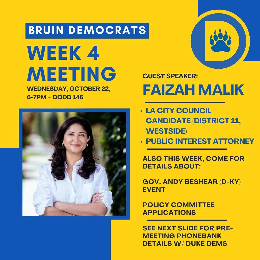 Swing by tomorrow to hear from our guest speaker, LA City Council Candidate Faizah Malik @faizahforla !! We'll also be sharing some details on an event this weekend and more details about Policy Committee applications!!