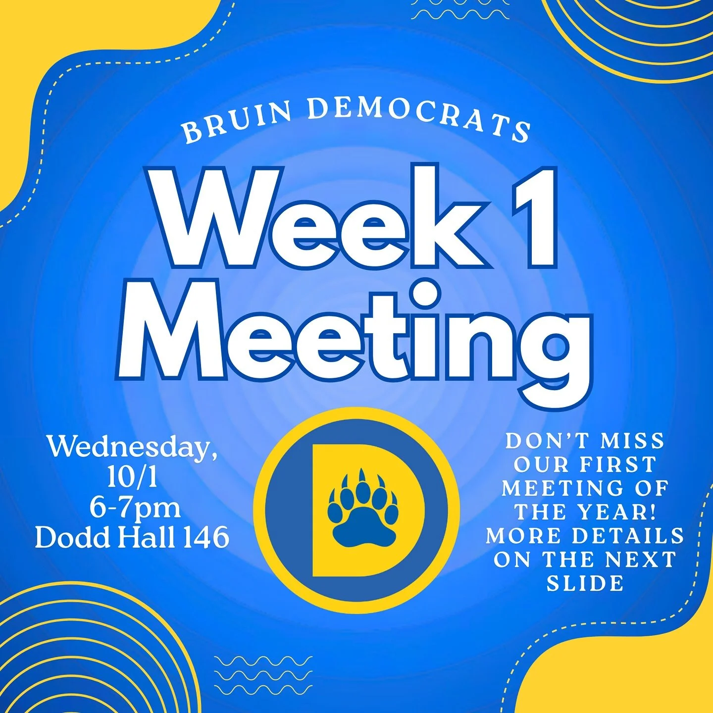 WE'RE BACK! Join us for our first meeting of the year in Dodd 146 this Wednesday, 10/1, from 6-7pm! Swipe for more details!