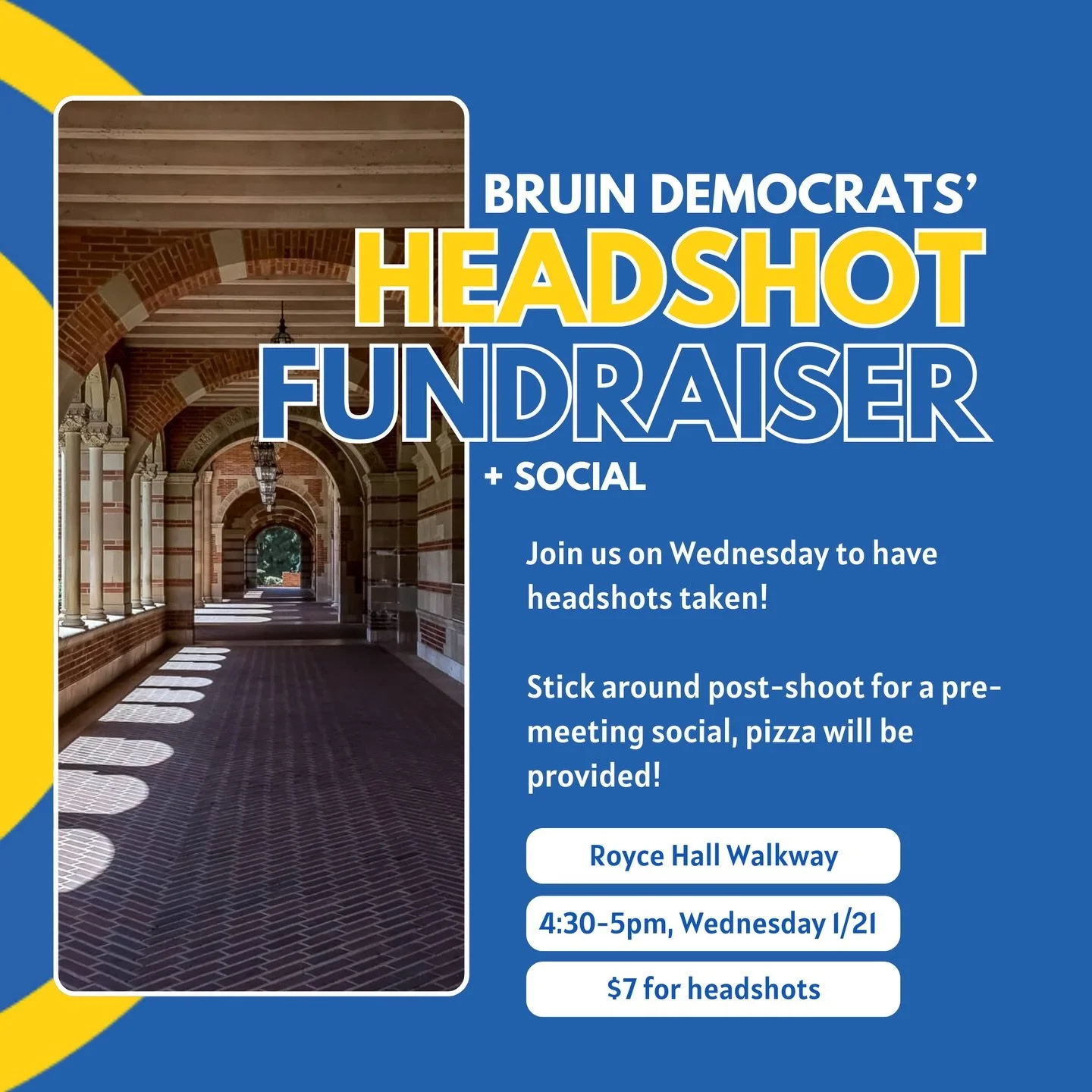 Join us this Wednesday at 4:30 for our second headshot fundraiser! Headshots are $7 and we'll be providing pizza post-headshot shoot!

This is a great opportunity to update your LinkedIn profile picture or other professional photos, especially for ou