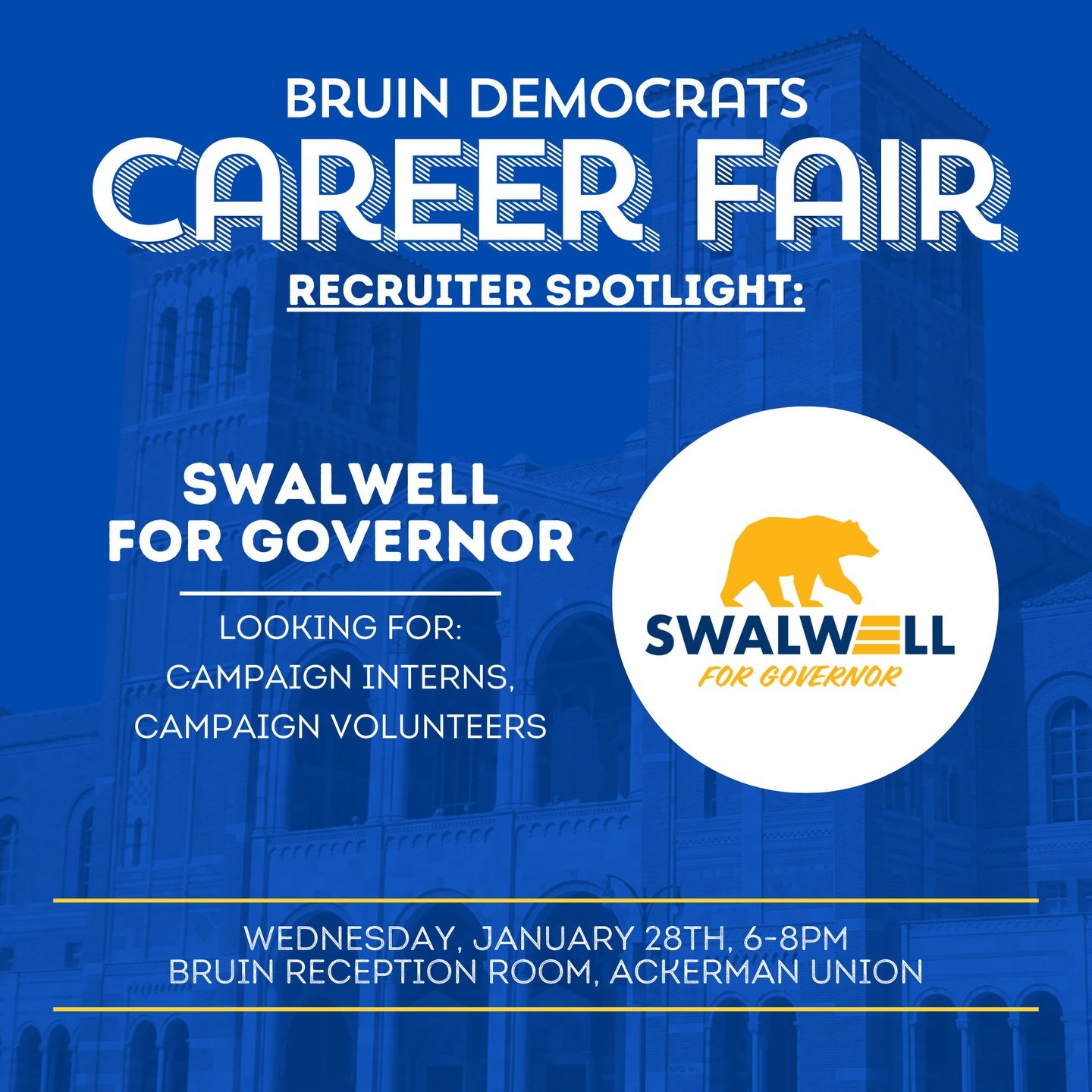 Swalwell for Governor is looking for Campaign Interns and Volunteers, and they'll have a table at our Career Fair on Wednesday! Swing by to learn more! 

RSVP at the link in our bio!