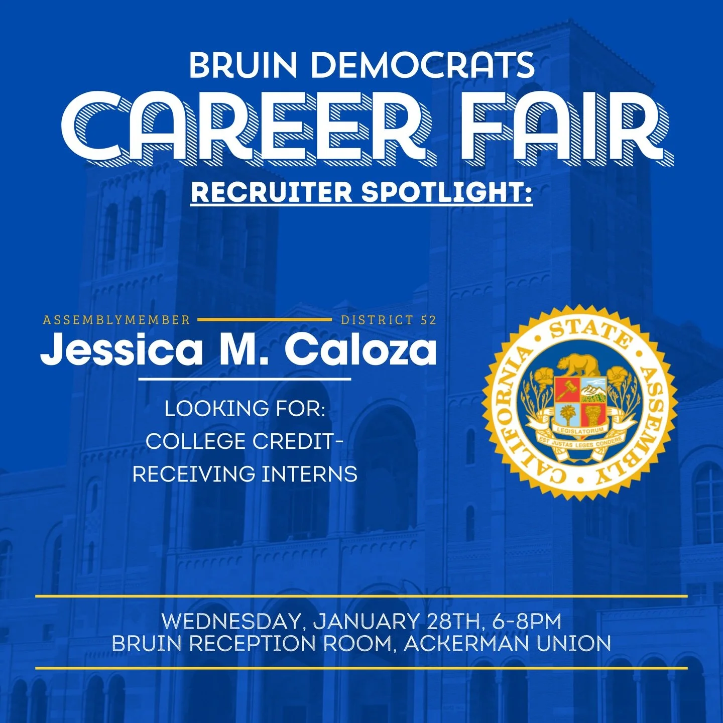 Next on our Recruiter Spotlight series, we're happy to have Assemblymember Jessica Caloza's Office at our Career Fair! They'll be looking for students who can receive college credit for interning in their office!

Career Fair is TOMORROW! RSVP at the