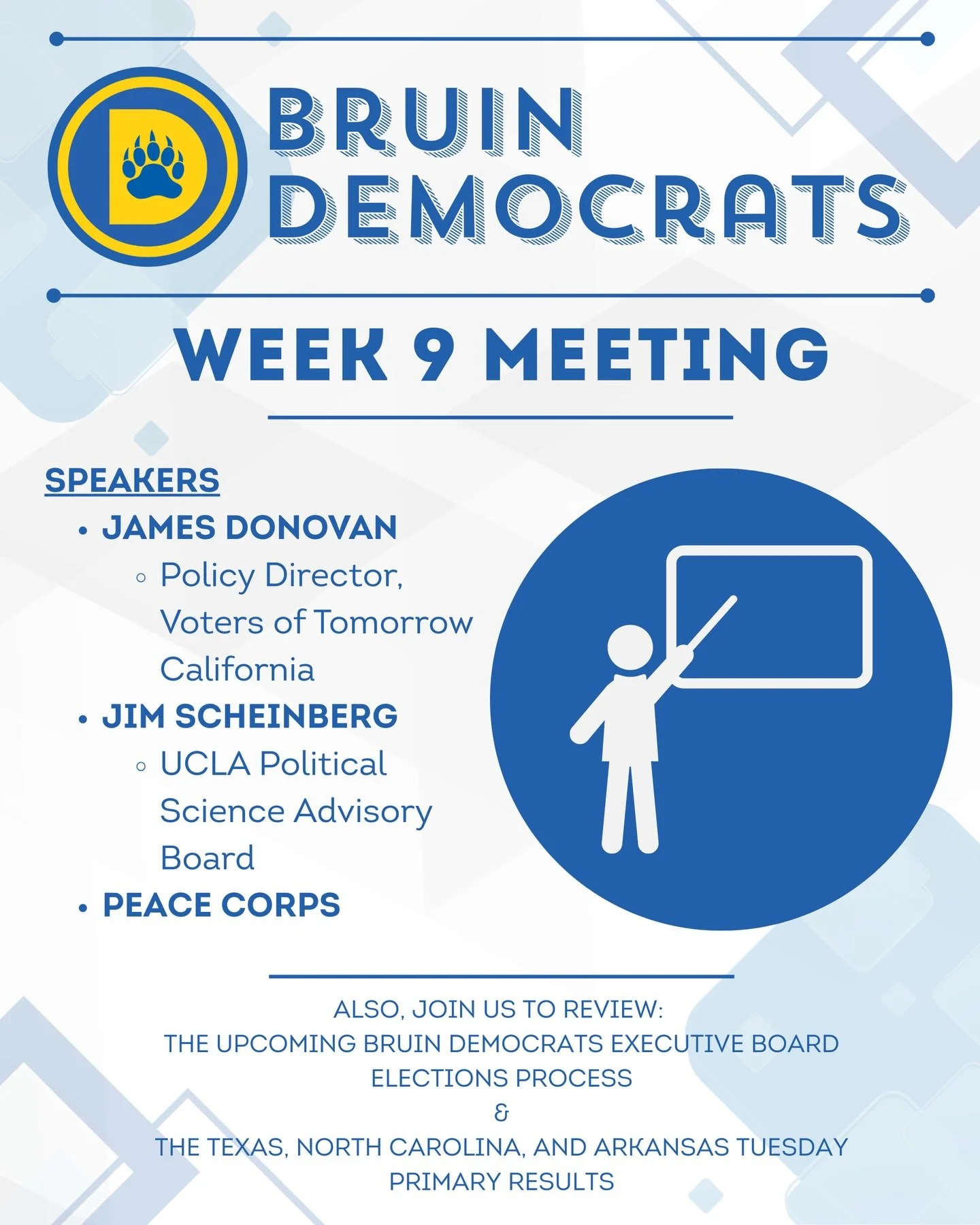 Join us tonight to hear from speakers who interact with domestic and international political environments! Plus, stick around to discuss our Executive Board Elections and the Texas, North Carolina, and Arkansas Tuesday primary results!