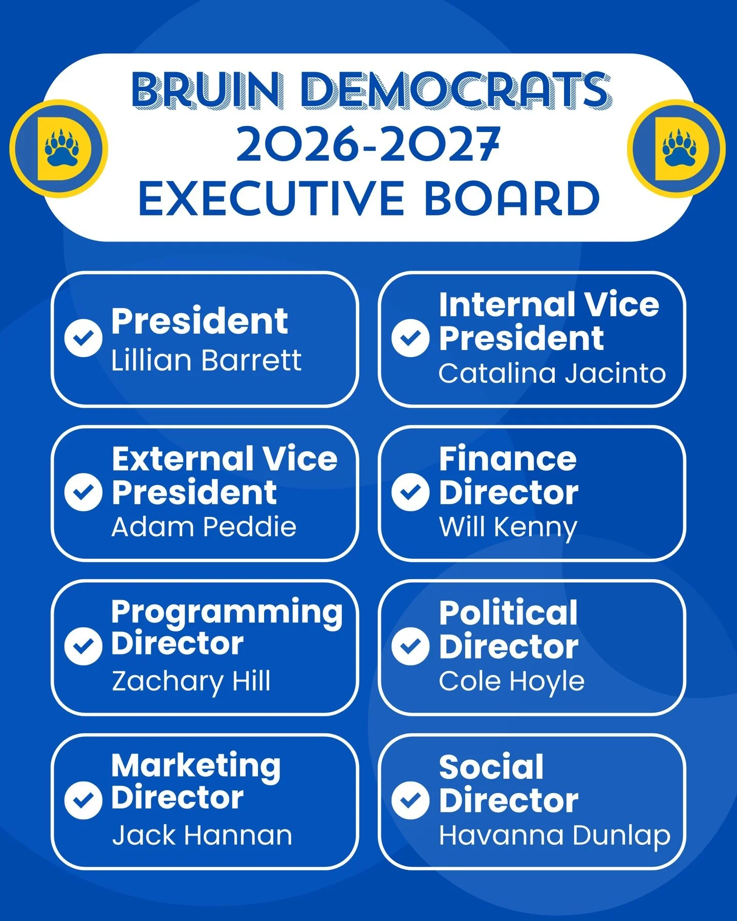 Announcing your 2026-2027 Bruin Democrats Executive Board! 

Congratulations to all the elected members! Official board introductions will be coming in the future!