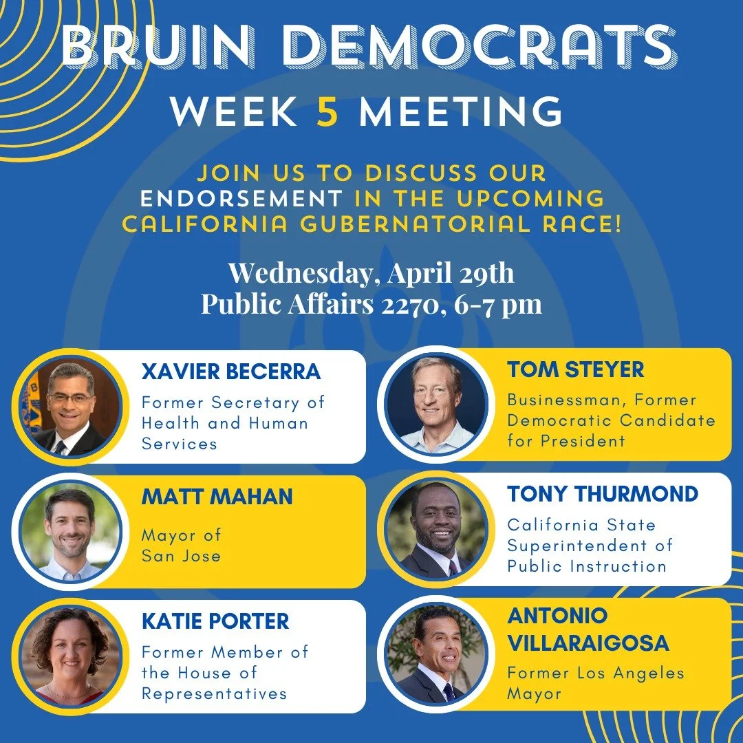 Join us tomorrow, Wednesday, April 29th, at Public Affairs 2270 from 6-7pm in a discussion of endorsement in the upcoming California Gubernational Race!

Have your voice heard and take part in this important endorsement!