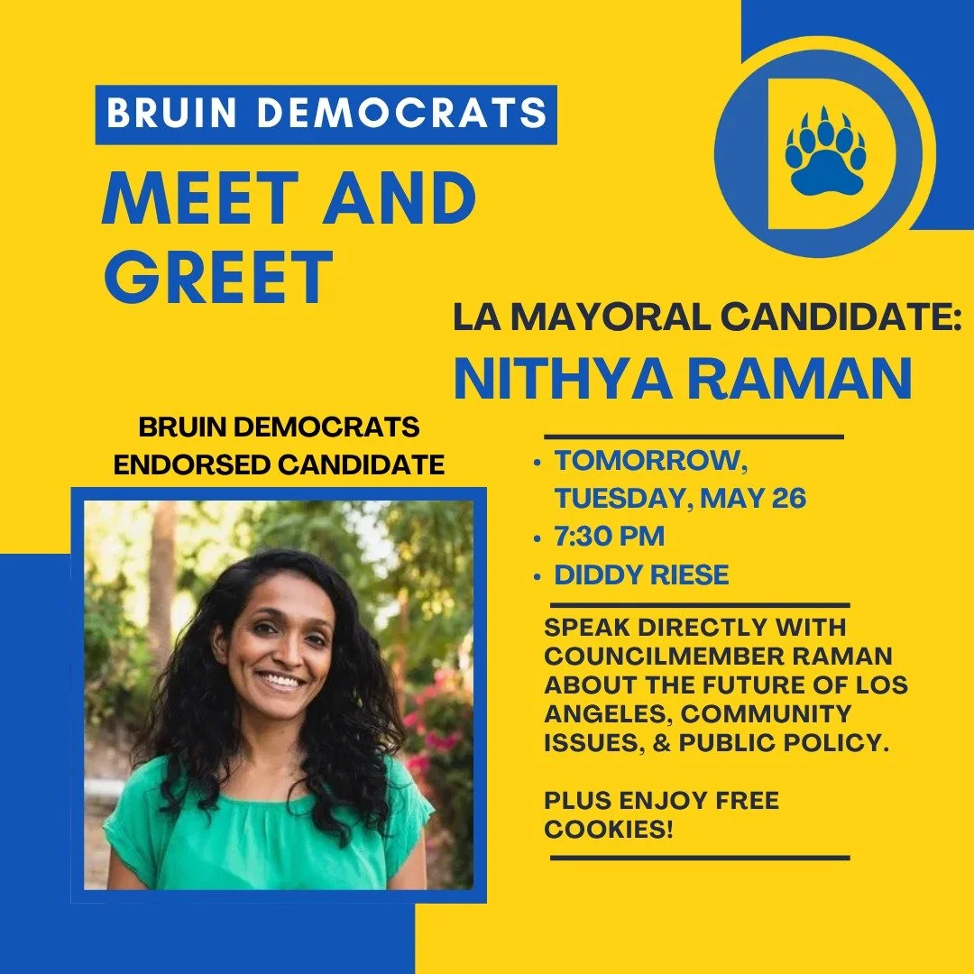 Meet &amp; Greet with LA Mayoral Candidate Nithya Raman! @nithyaforthecity 

Speak directly with Councilmember Raman about the future of Los Angeles, community issues, &amp; public policy.

Plus enjoy free cookies!
#nithyaforthecity #teamnithya #lama