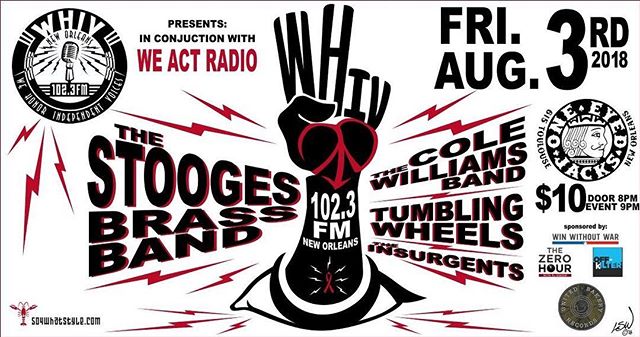 FRIDAY NIGHT at @oej_nola! @WHIVFM presents:

An evening with:
@StoogesBB
@Colewilliamband
@Tumblingwheels 
The Insurgents

Sponsored by @WinWithoutWar, @weactradio, and Off-Kilter Podcast $ 10.00 / Age 18 And Up
Netroots Nation attendees get in FREE