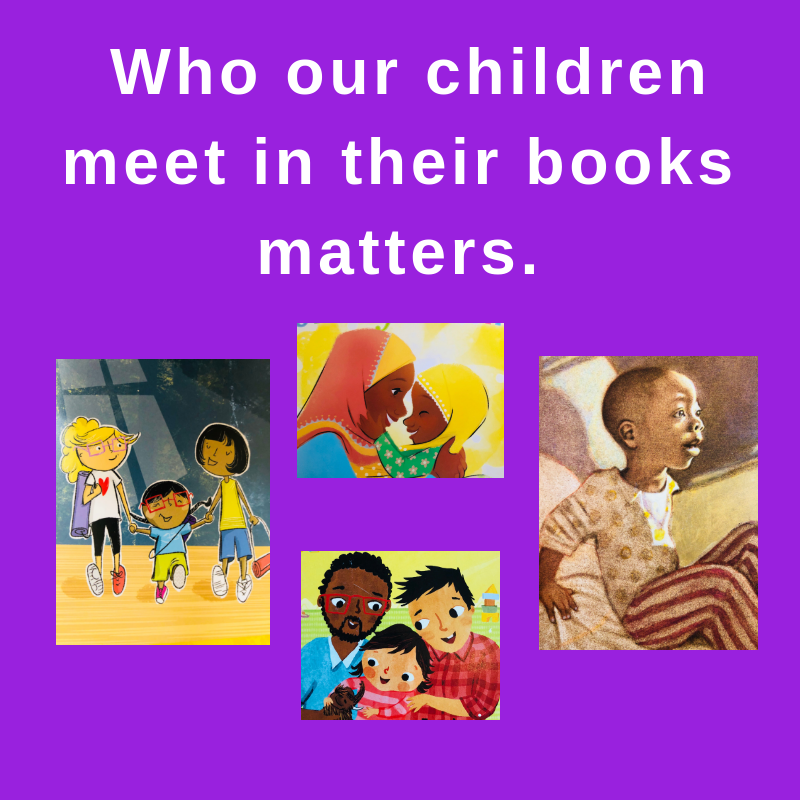 Images from Harini and Padmini Say Namaste (Amy Maranville, Tim Palin, Bharat Babies), Mommy’s Khimar (Jamilah Thompkins-Bigelow, Ebony Glenn, Simon & Schuster), Baby’s First Words (Stefanie Paige Wieder, Christiane Engel, Barefoot Books), and Max and the Tag Along Moon (Floyd Cooper, Philomel Books).