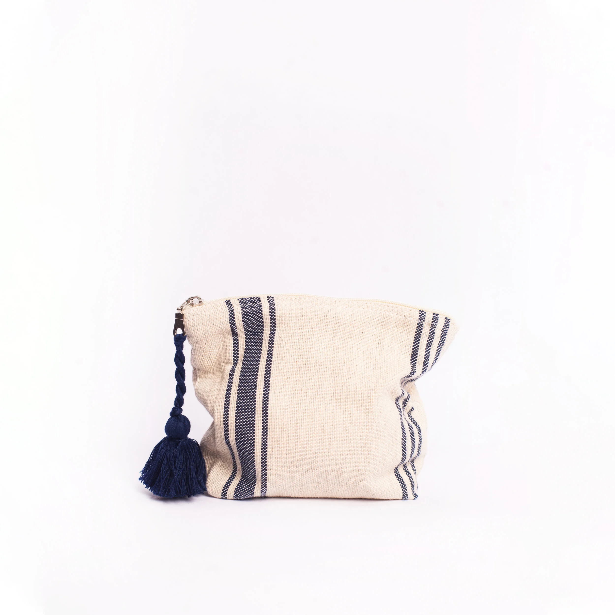 Cream and blue striped pouches