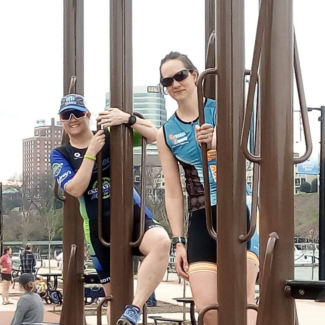 Jenn and Amanda out finishing a brick with some Tree Pose