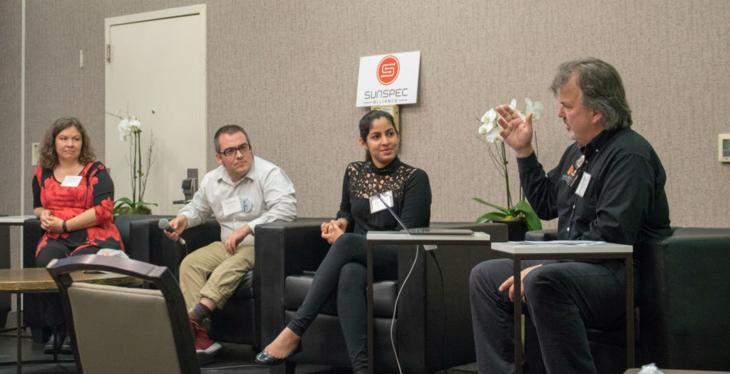 Gridvolution panel on Orange Button code, (from left) Jan Rippingale, Blue Banyan Solutions; Jonathan Xia, kWh Analytics; and Jessie Deot and Tom Tansy, both of SunSpec Alliance. (Photo by Matthew Wiseman)