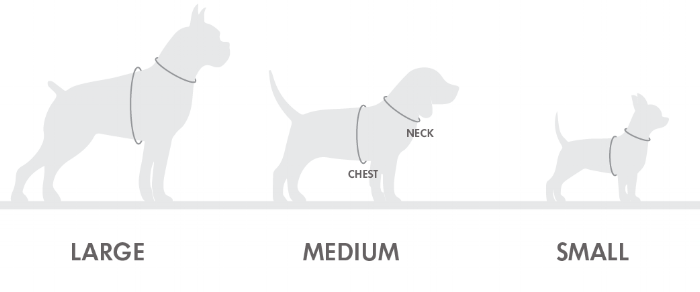 SMALL-MEDIUM NECK SIZE: 6" - 12" (15cm - 31cm) CHEST SIZE: 8" - 14" (20cm - 35.5cm) MEDIUM-LARGE NECK SIZE: 10" - 16" (25cm - 40cm) CHEST SIZE: 12" - 21" (30cm - 55cm) LARGE-XLARGE NECK SIZE: 15" - 20" (38cm - 50cm) CHEST SIZE: 20" - 28" (50cm - 70cm) **Note: The Harness is designed to be adjustable in length but we recommend selecting a larger size if you prefer to use an extra long lead.