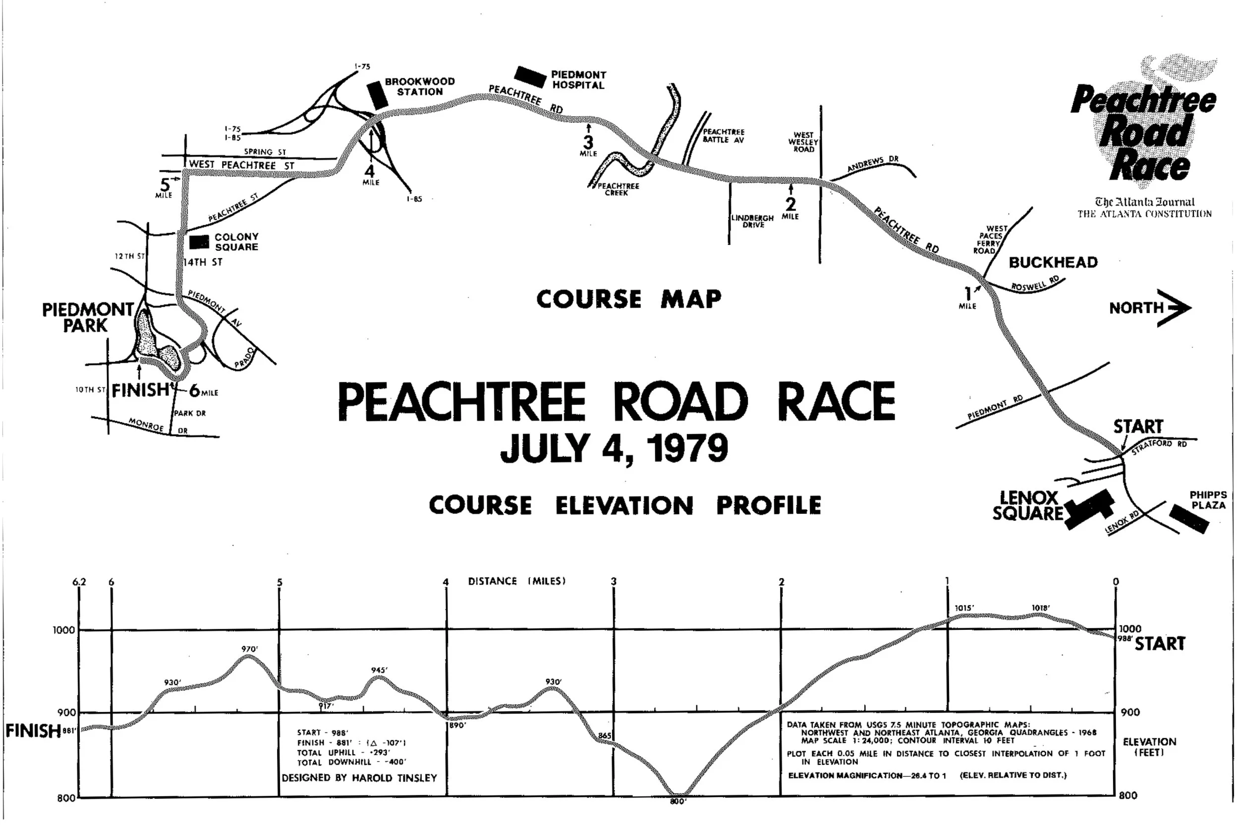1979 AJC Peachtree Road Race course map as seen in that year's Peachtree Magazine.