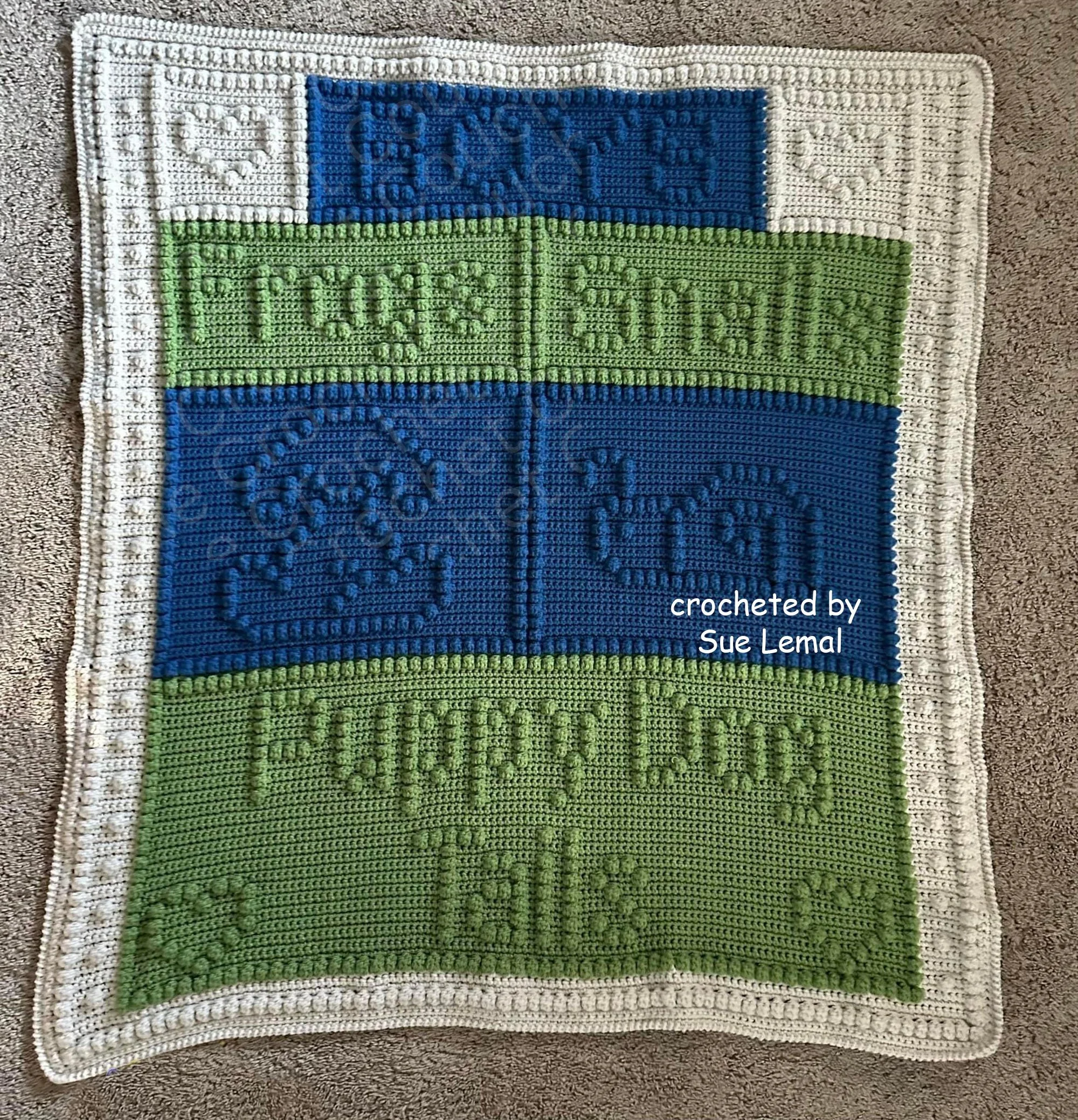 A crochet afghan in blue, green, and white featuring textured patterns of frogs, snails, and the words 'Boys Frogs Snails Puppy Dog Tails,' displayed flat on a carpeted floor.