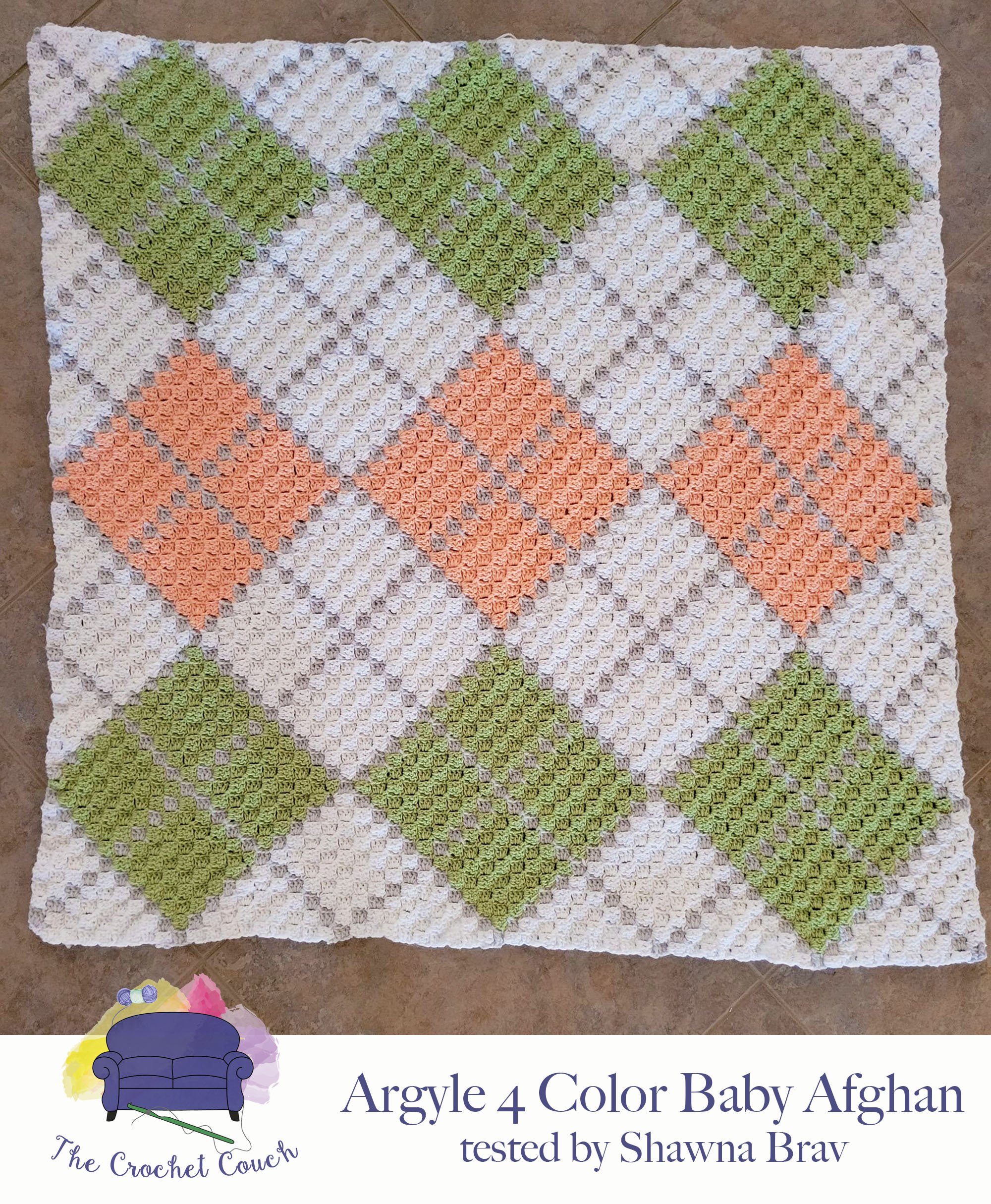 Argyle 4 Color  Baby Afghan, C2C Crochet Pattern