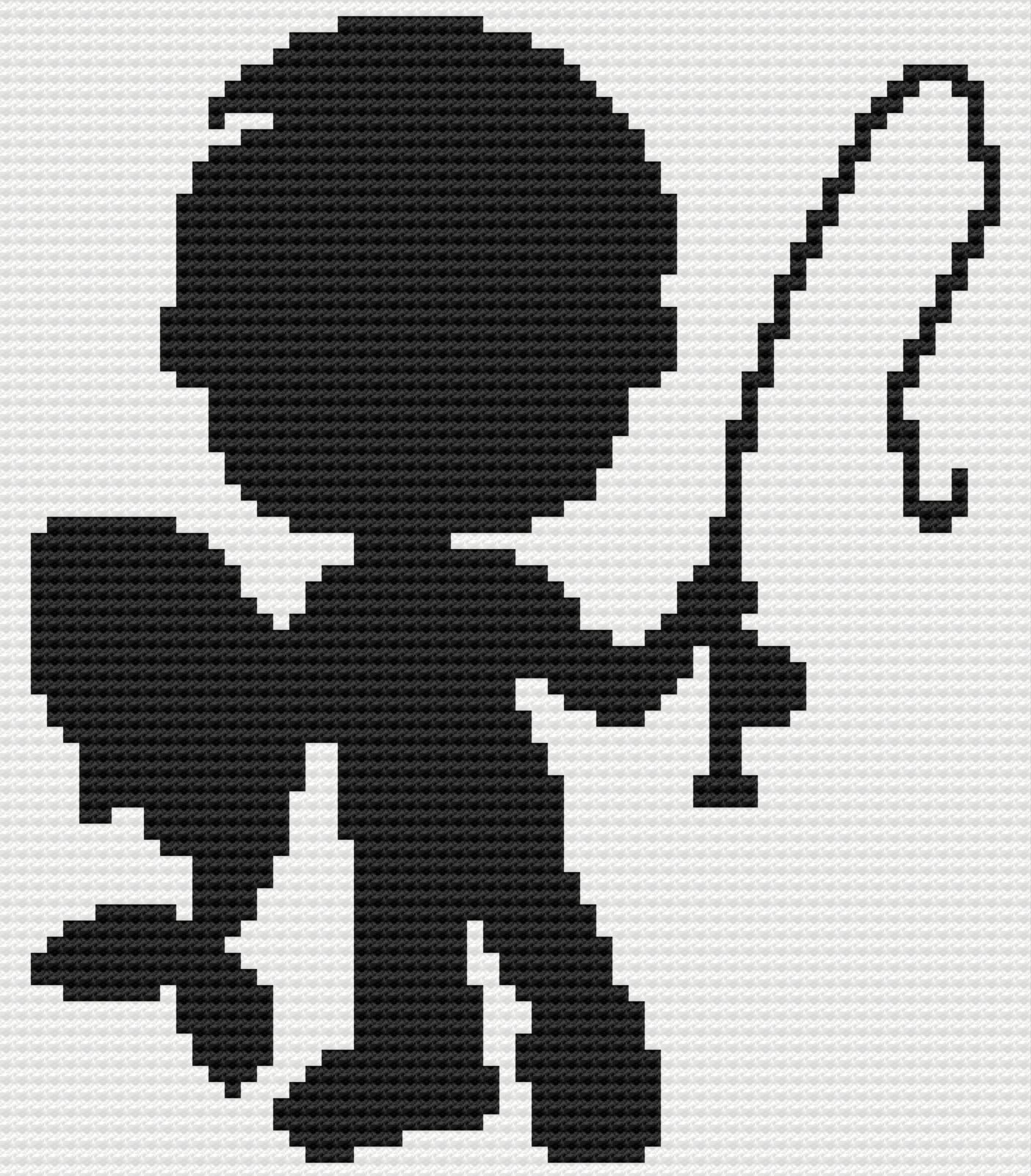 Crochet pattern of a child holding a fish and a fishing rod, designed in a silhouette style.