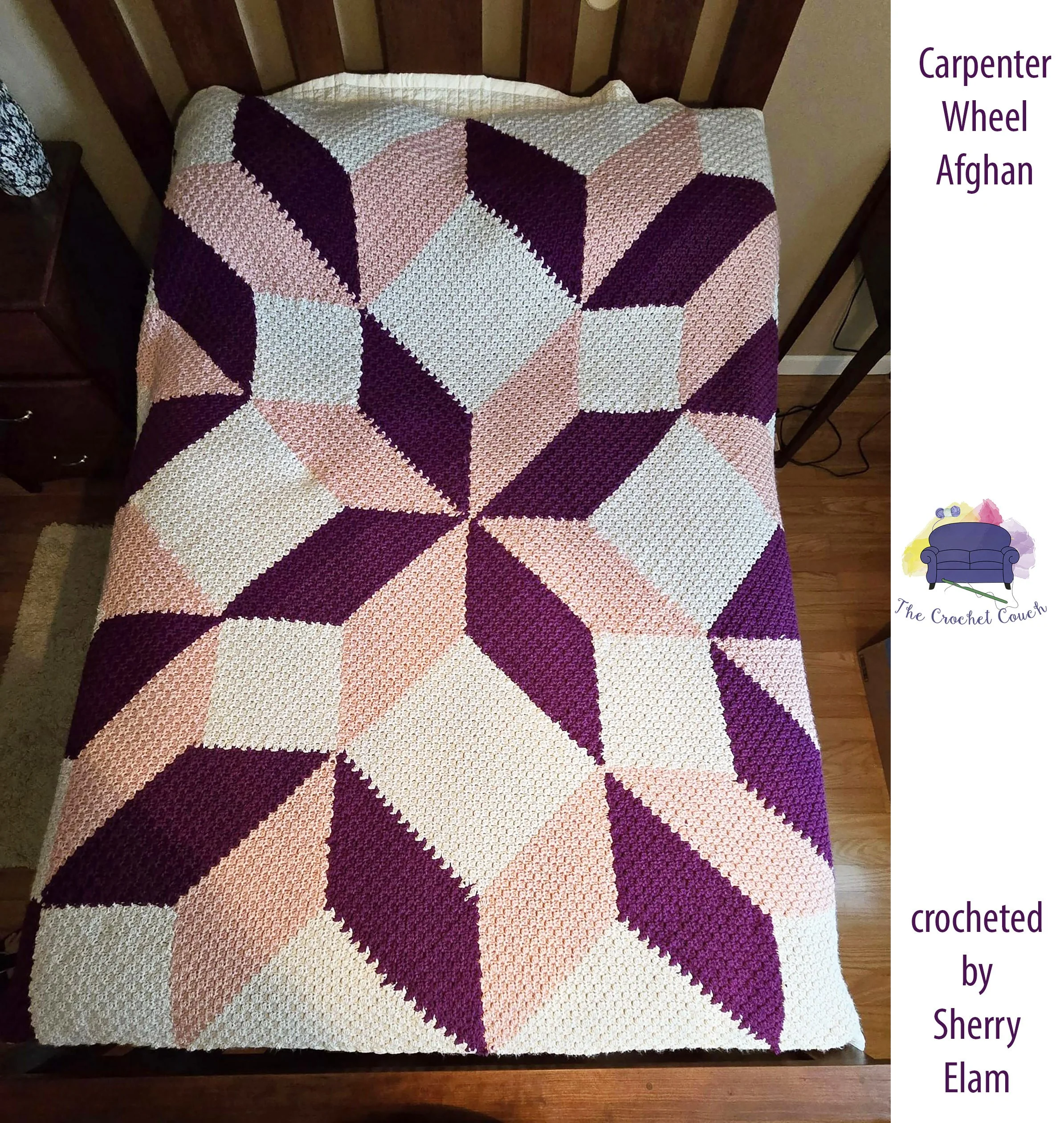 A beautifully crocheted Carpenter Wheel Afghan featuring a classic geometric design in shades of pink, purple, and cream, draped over a bed.