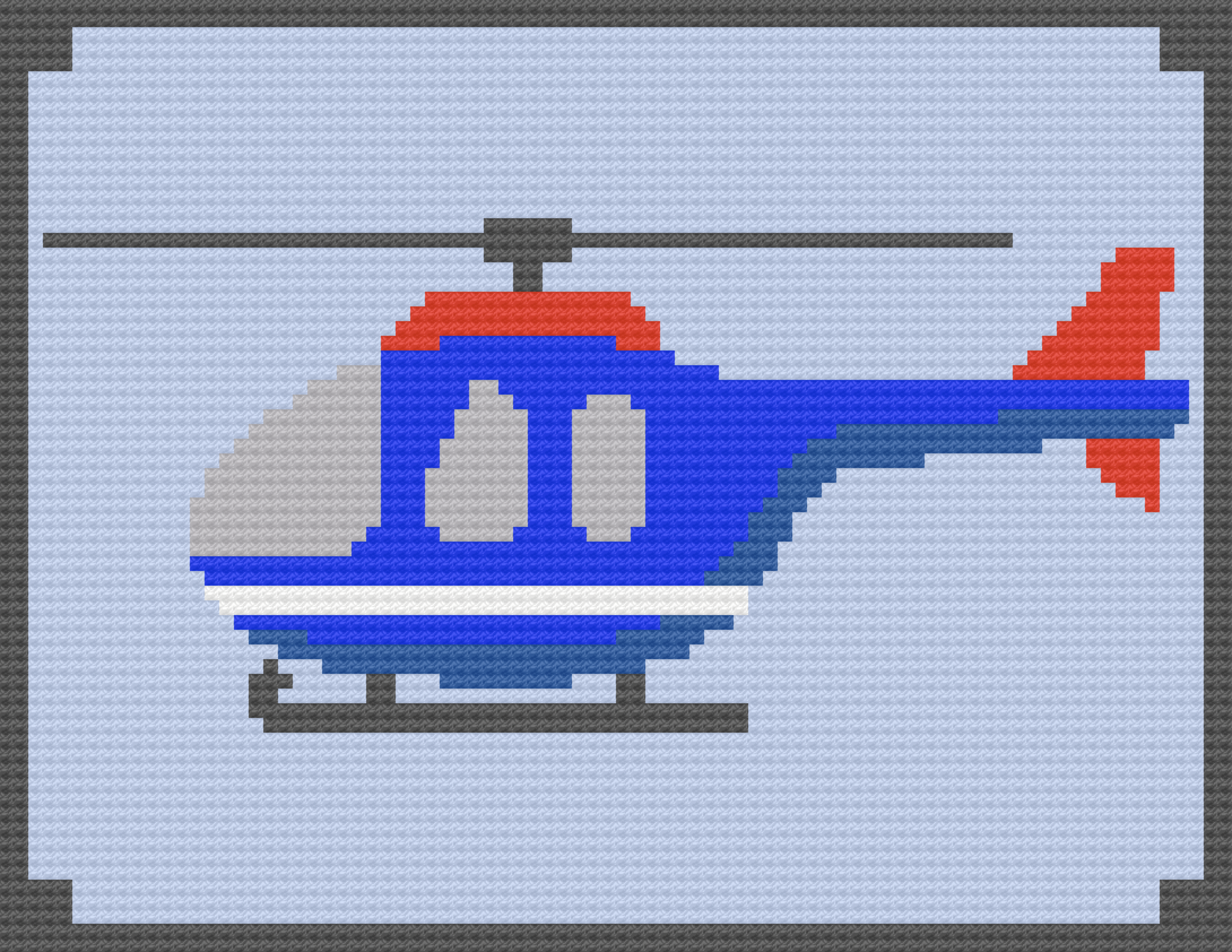 Crochet helicopter afghan in blue, red, and gray with a modern design, perfect for kids and aviation fans.