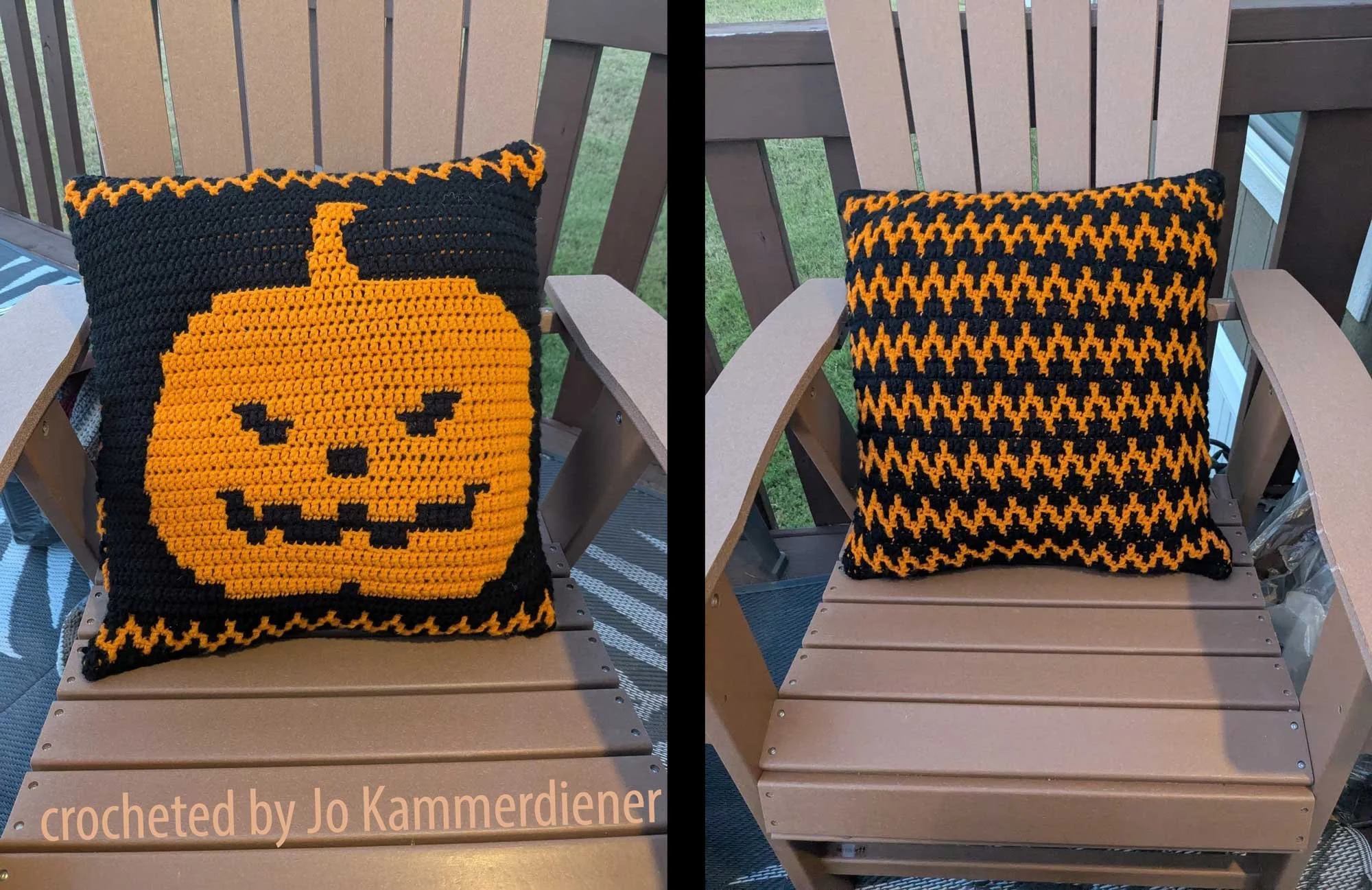 Two handmade crochet pillows shown outdoors on a wooden chair. One features an orange Jack O’ Lantern face on a black background; the other has a repeating orange-and-black zigzag pattern.