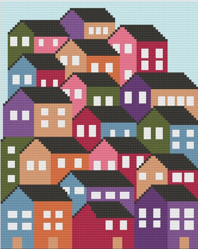 Crowded Houses Quilt Afghan, C2C Crochet Pattern