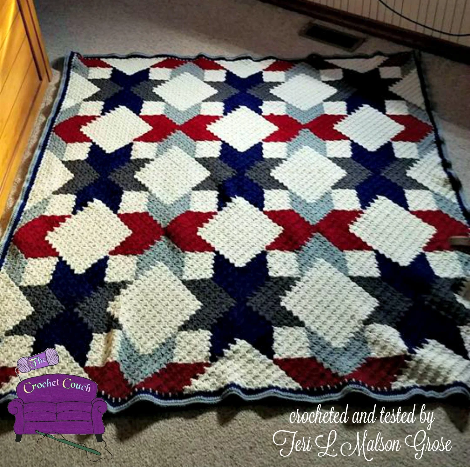 Quilted Stars Large Afghan RWB, C2C Crochet Pattern