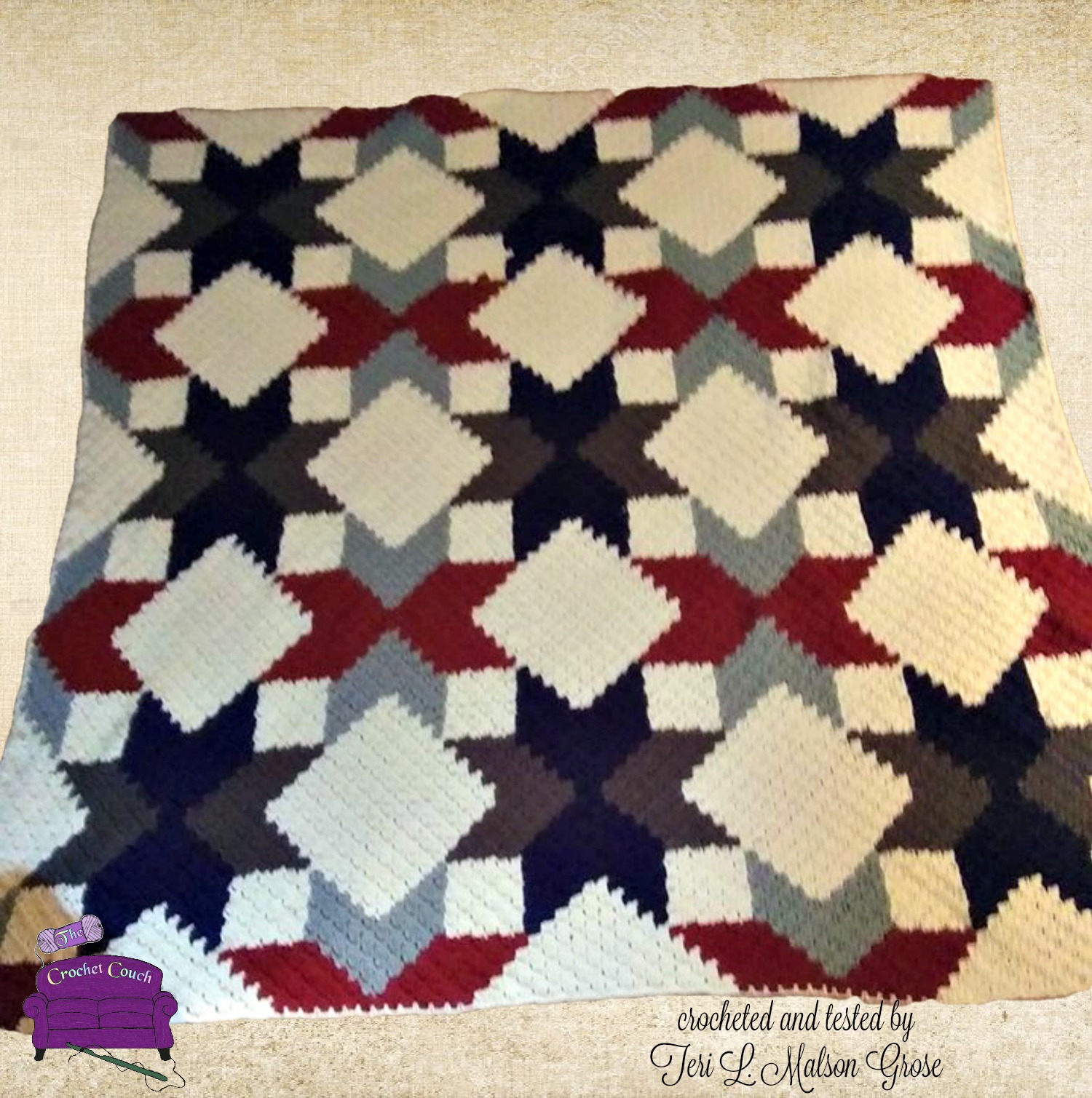 Quilted Stars Large Afghan RWB, C2C Crochet Pattern