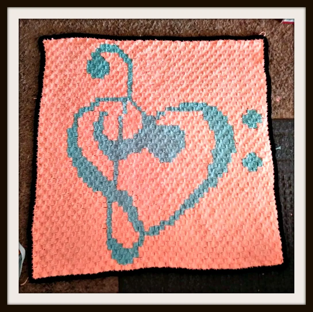 Love Music Small Afghan, C2C Crochet Pattern, Peach and Gray