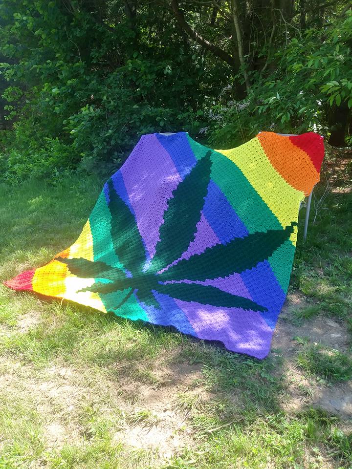 Marijuana Leaf Rainbow Stripe Afghan, C2C Crochet Pattern