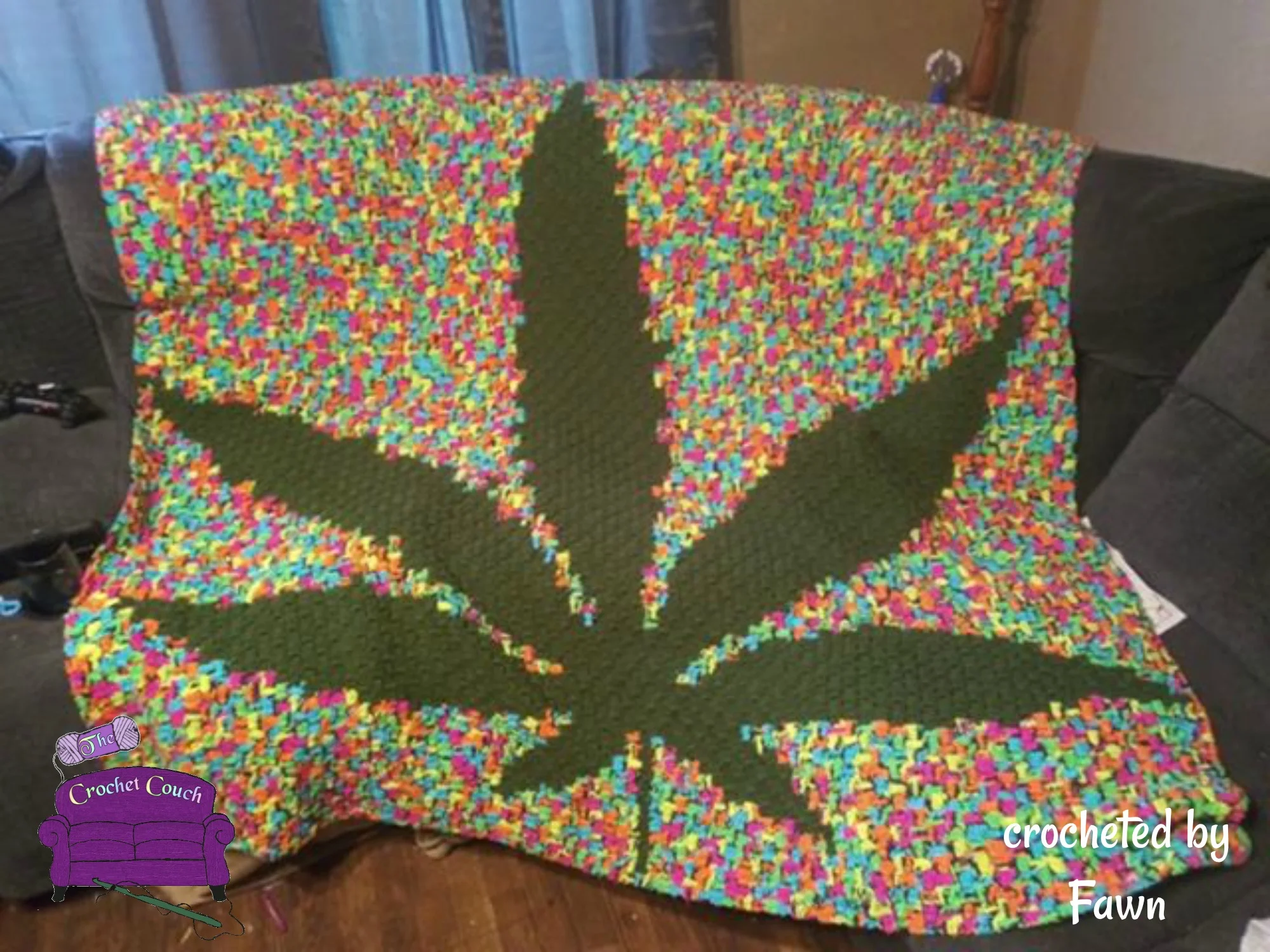 Marijuana Leaf Afghan, Black Background, C2C Crochet Pattern